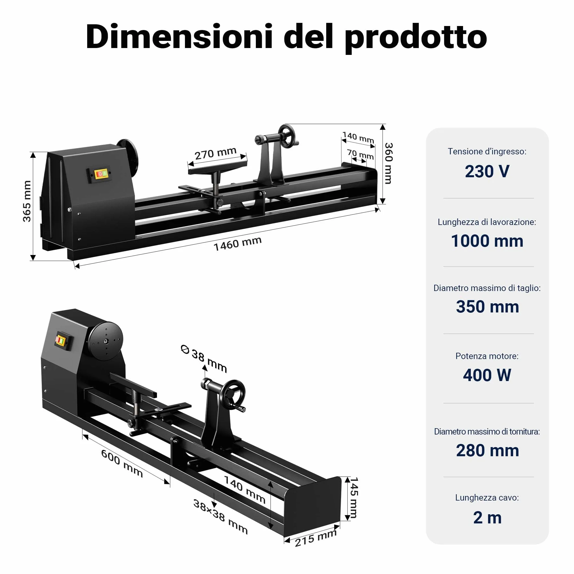 Tornio per legno da 400 watt 1000 mm diametro 350 mm per tornitura legno