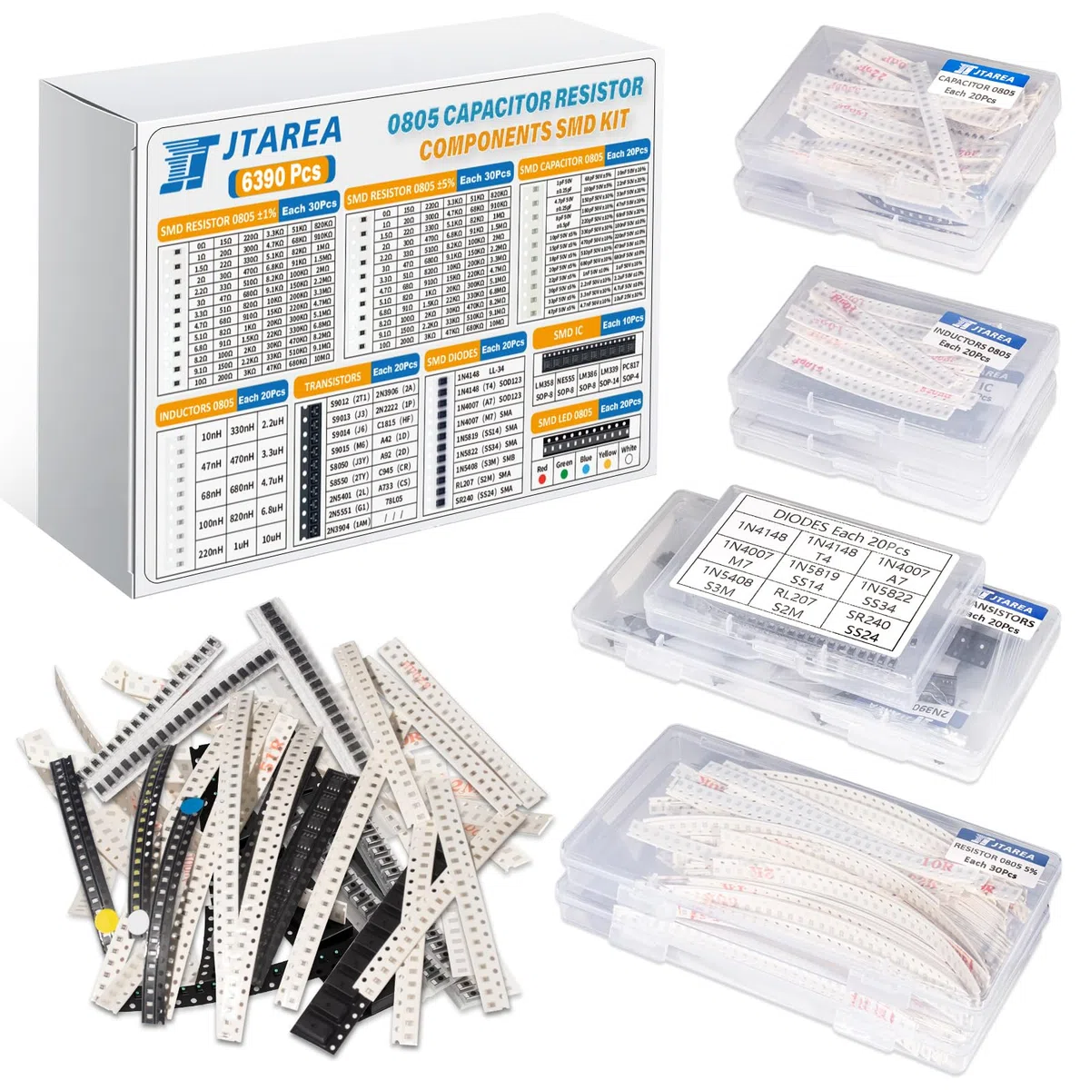 6390 Pezzi 0805 SMD Set di Assortimento di Componenti Elettronici con 1% Resistenze 5% Resistori Condensatori Transistor Diodi LED IC Induttore SMT Electronic Components Assortiti Kit