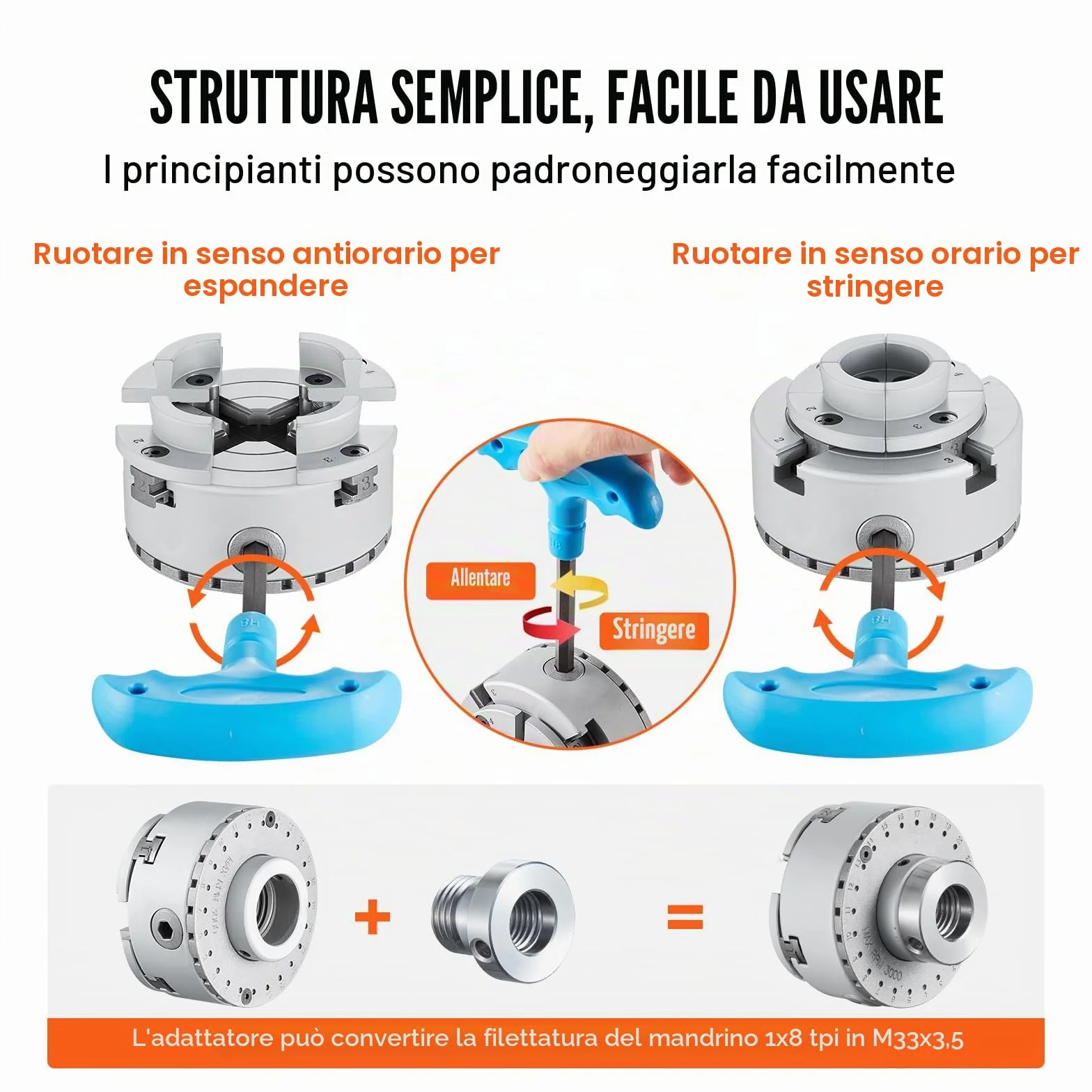 VEVOR Mandrino per Tornio per Legno φ70mm Mandrino per Tornio a 4 Griffe KP2-3/4 Mandrino per Tornitura di Legno, Utensile Autocentrante con Chiave a T per Rettifica Fresatura, Grey