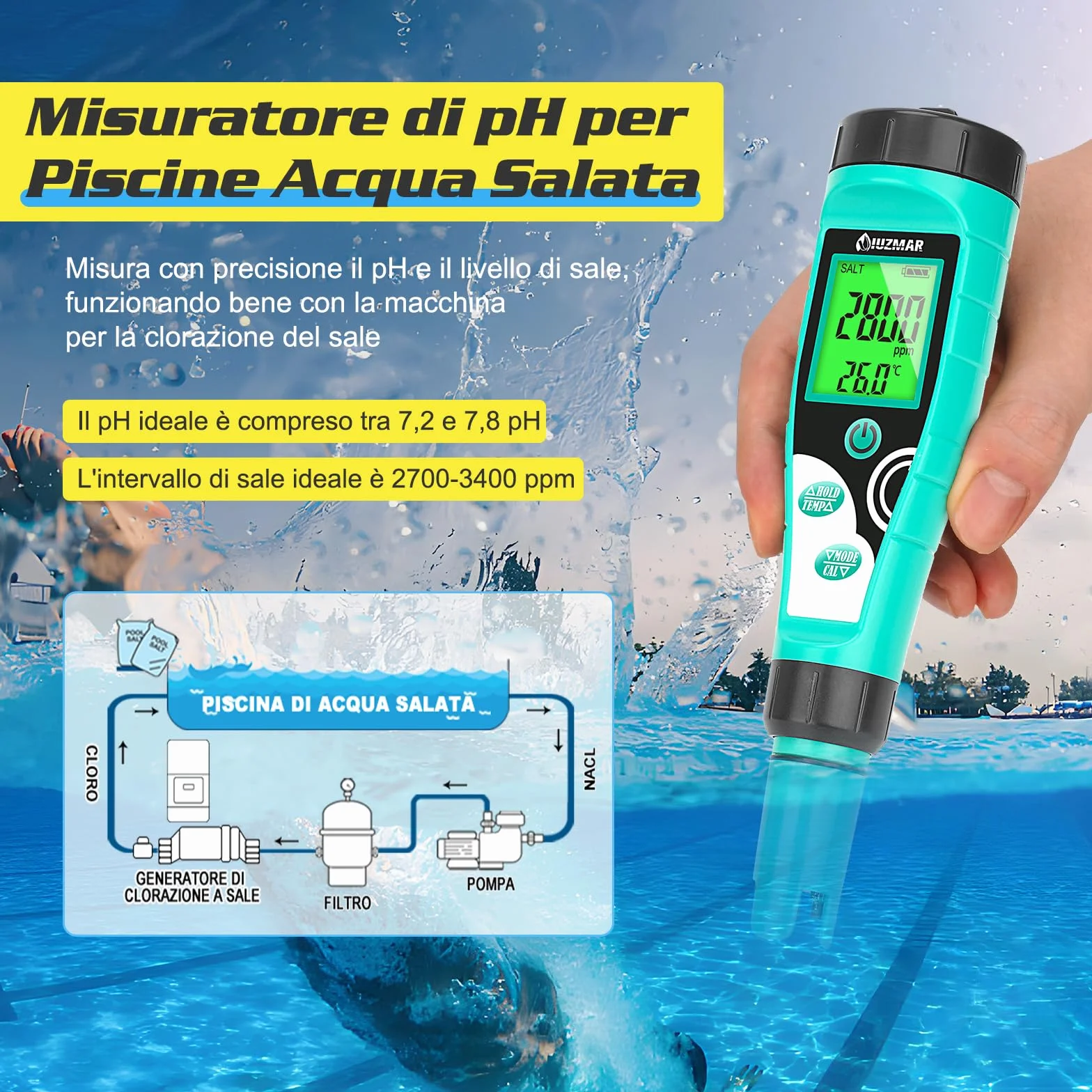 UIUZMAR Misuratore Cloro Piscina Digitale 7 in 1 pH Sale ORP TDS EC Temp