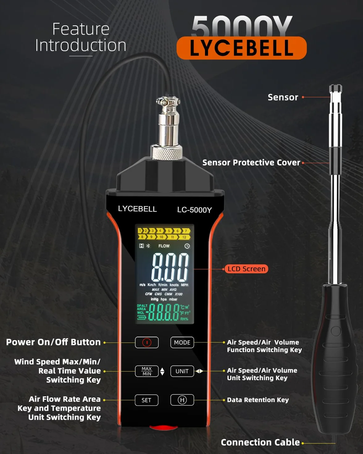 Anemometro a filo caldo LYCEBELL 5000Y 0,1-30 m/s IP54 batteria USB-C per HVAC