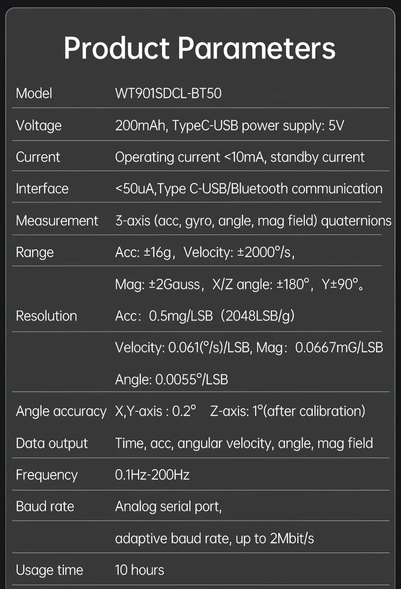 [Registratore di accelerometro Bluetooth 5.0] Sensore di accelerazione wireless 9 assi WT901SDCL-BT50 con scheda SD, accelerometro 3 assi+giroscopio+magnetometro+inclinometri, modulo IMU MPU9250