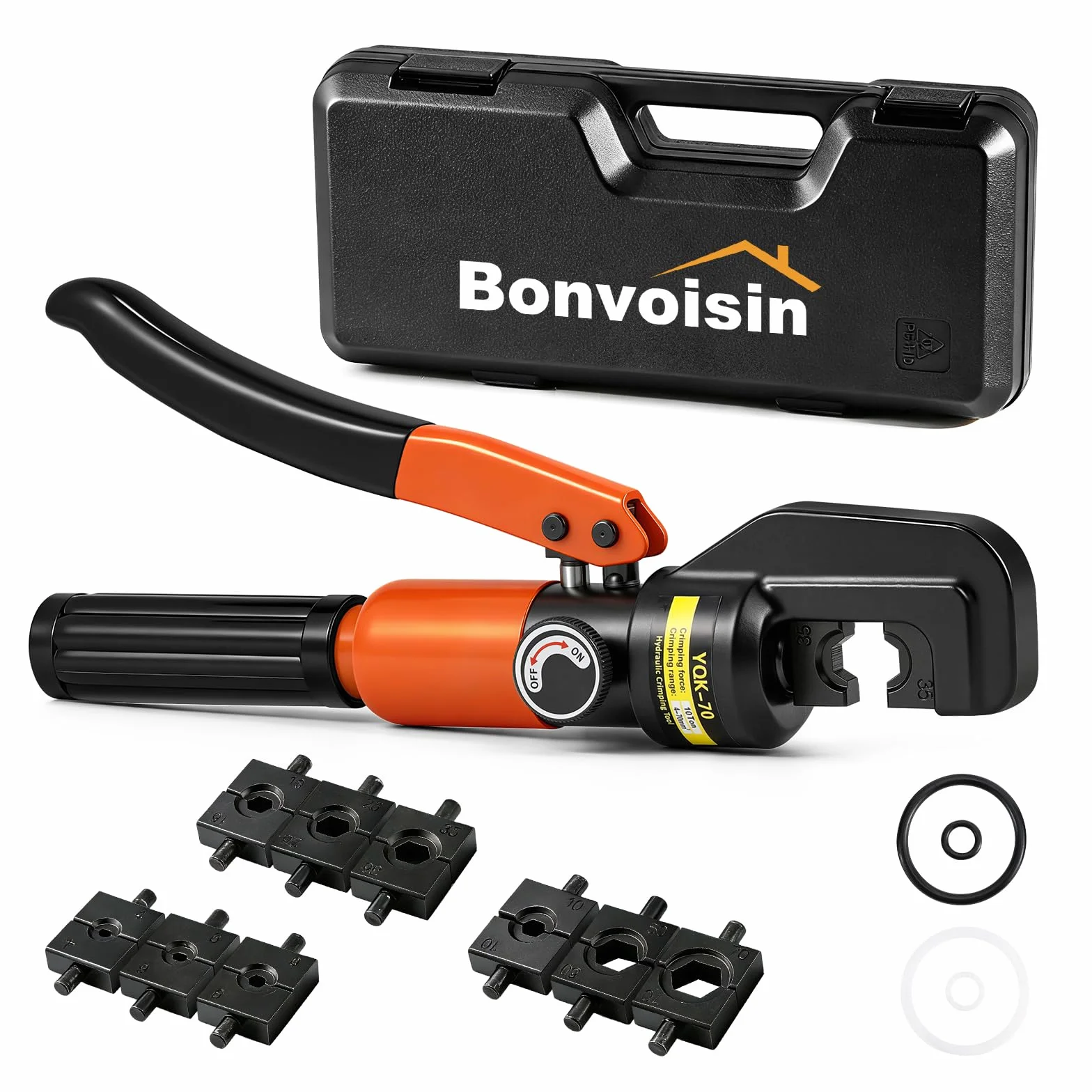 Bonvoisin Pinza crimpatrice idraulica 9 forme, spessore 4 – 70 mm². Manico in acciaio cromato spesso isolato. Adatto per morsetti in rame/alluminio. Istruzioni in tedesco