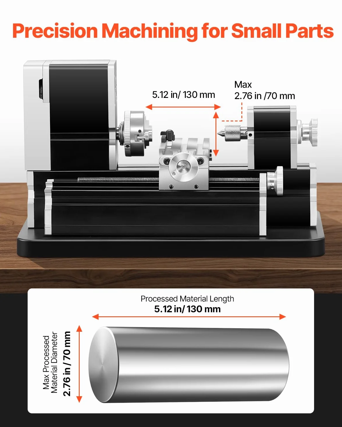 VEVOR Mini Tornio per Metalli Didattico, Potenza 36W, Velocità 20000 Giri al Minuto, con Mandrino 3 Griffe, Volantino in Lega di Alluminio, per Elaborare Metalli Morbidi Legno Plastici 70 x 130 mm