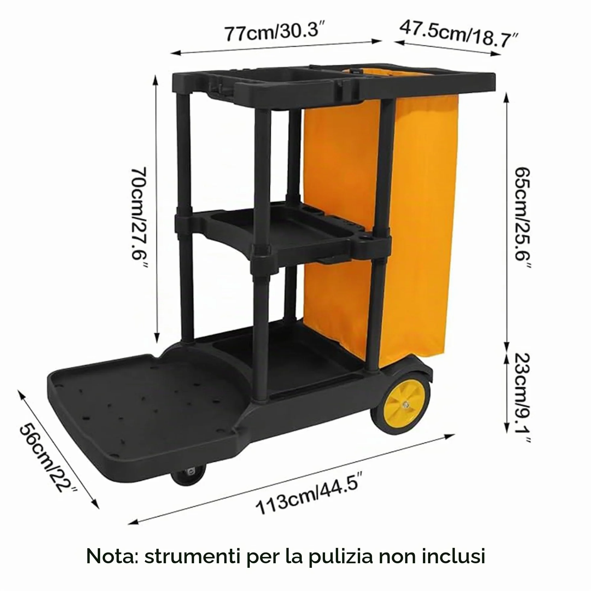 Bimiti Carrello per la pulizia professionale 113x56x93 cm 3 ripiani sacco da 65 L giallo nero