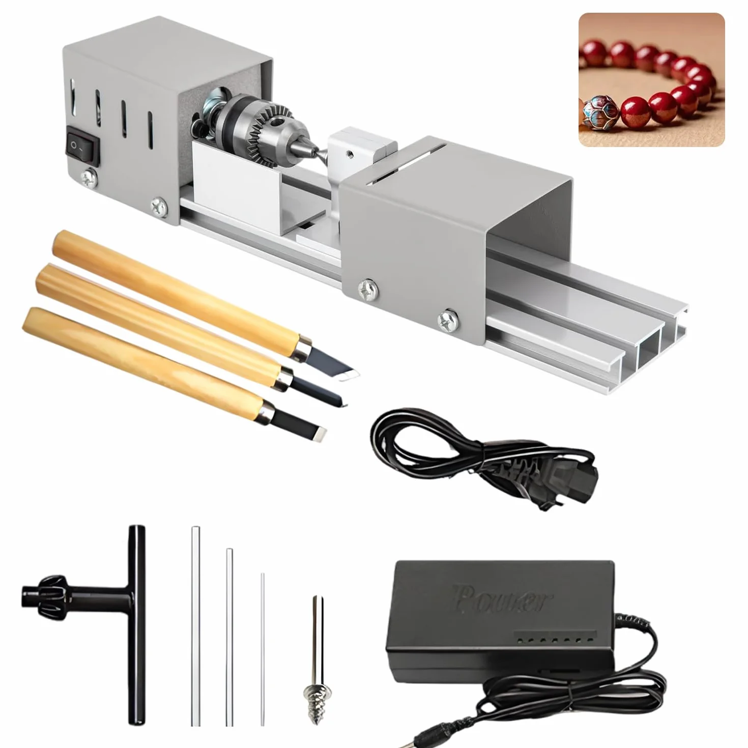 Mini Tornio da 125 W, 2000 – 8000 giri/min, Metallo Piccolo Tornio con Regolazione a 7 Marce, Campo di serraggio da 0.02 – 0.24 Pollici, Mini Tornio in Metallo per Tornitura, Scanalatura e Rettifica