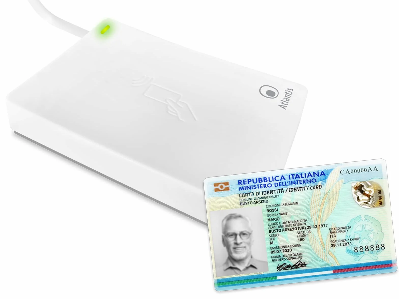 ATLANTIS lettore cie 3.0 carta d'identità elettronica italiana,per INPS,Ag. delle entrate, INAIL,Fascicolo sanitario,ANPR Lettore smartcard contactless nfc per PC, collegamento USB,Bianco,P005-CIED311
