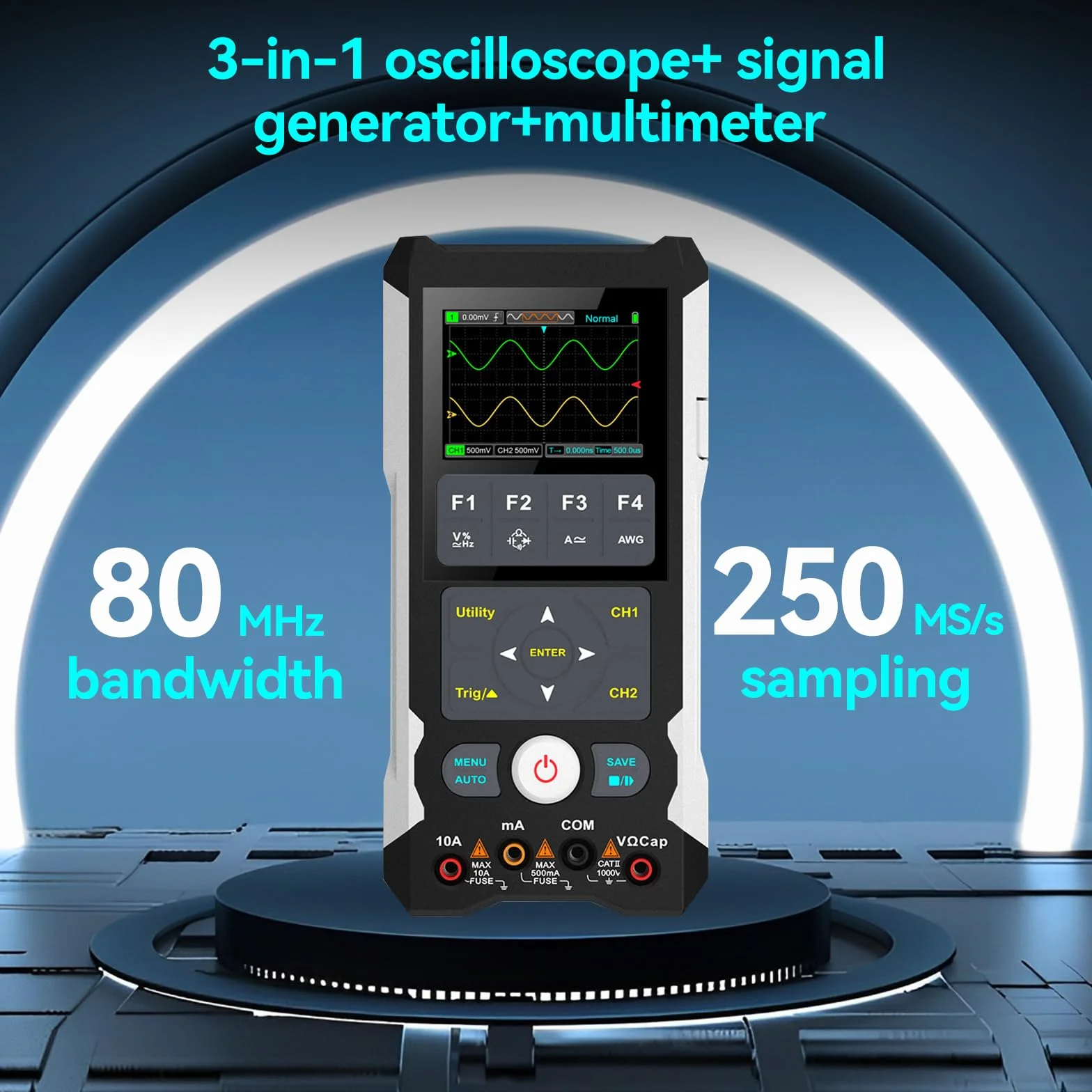 Oscilloscopio digitale + Generatore di segnale + Multimetro 3 in 1: Oscilloscopio digitale portatile, larghezza di banda 80 MHz, 250 MS/s, oscilloscopio a 2 canali 2 in 1, oscilloscopio portatile