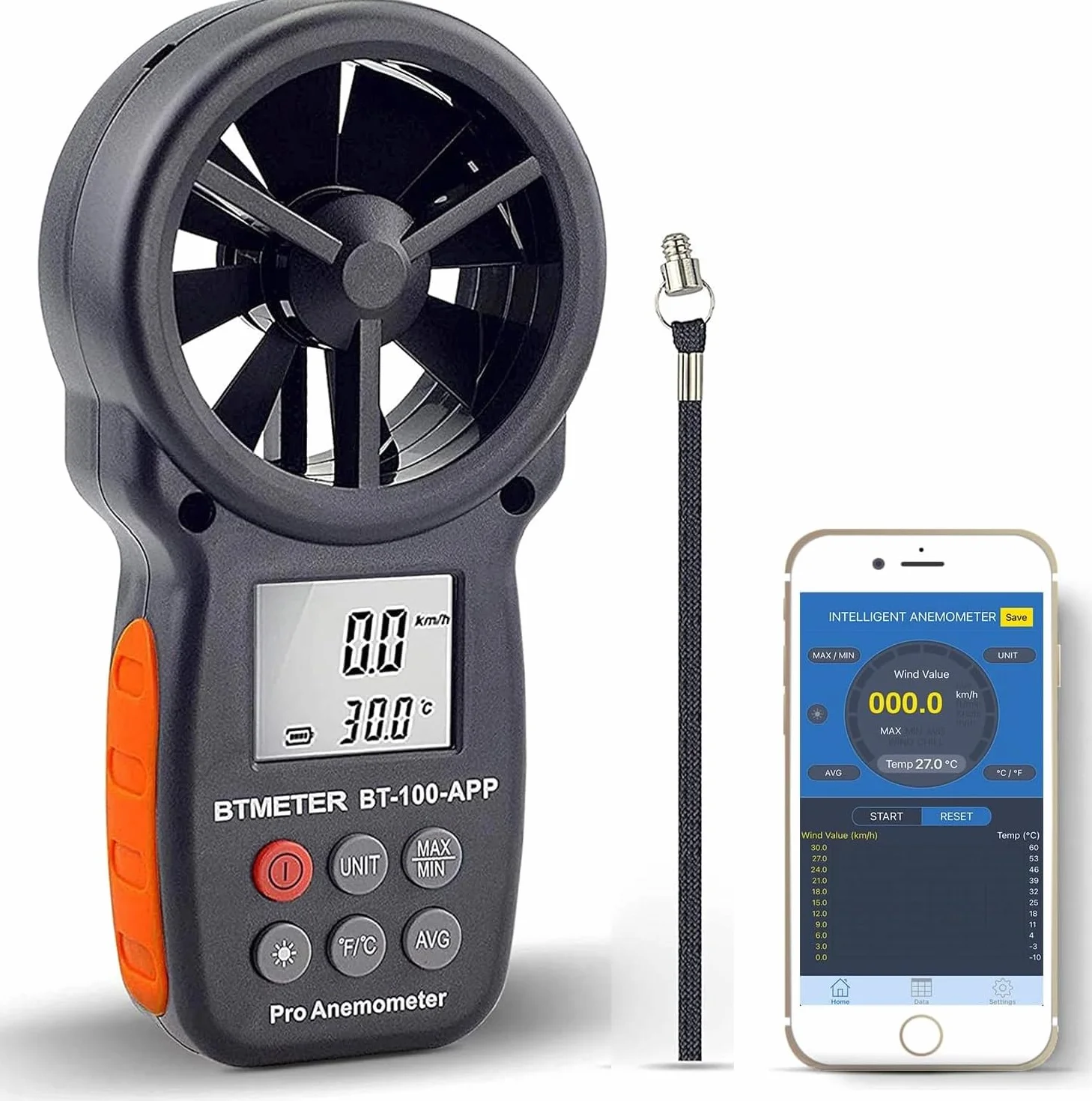 BTMETER Anemometro digitale senza fili Bluetooth velocità vento temperatura BT-100APP