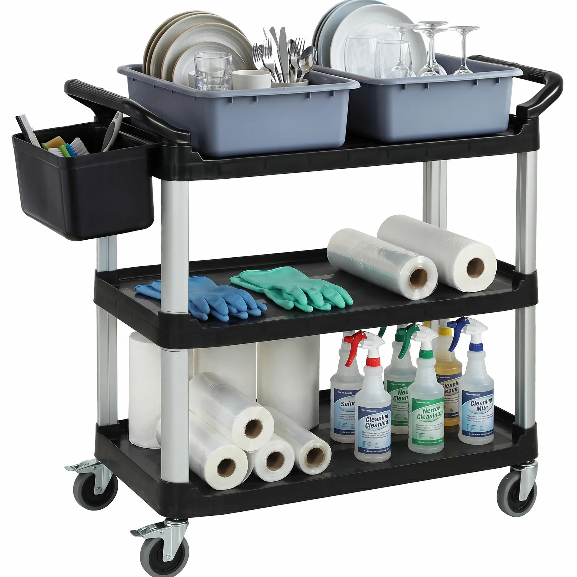 HOMCOM Carrello Pulizie Professionale 3 Ripiani Metallo Plastica 2 Contenitori Rimovibili Secchio Sospeso 4 Ruote Capacità 100kg 115x50x100 cm Nero