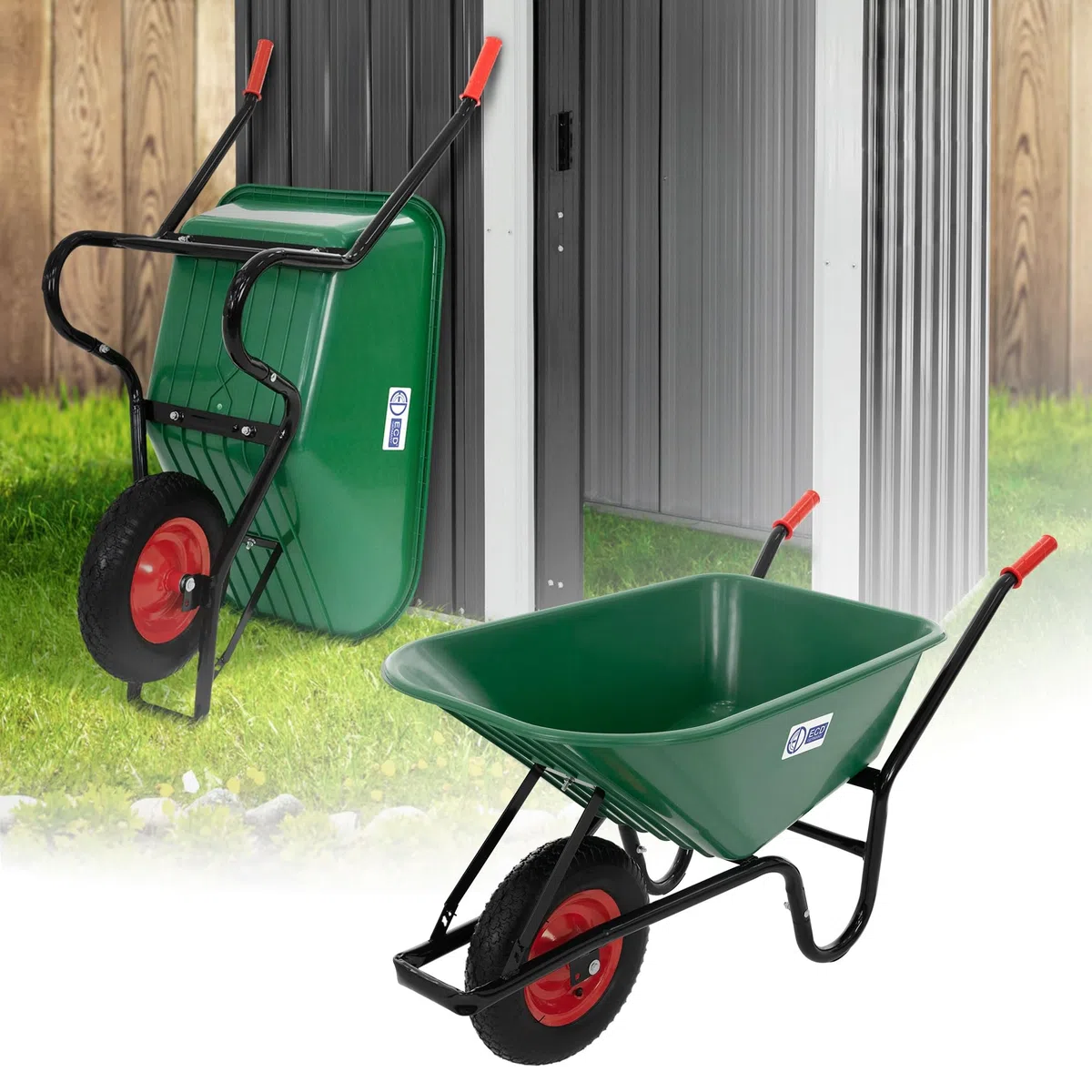 ECD Germany Carriola da Giardino con Telaio in Metallo e Vasca in Polipropilene Verde Capacità 100 L 150 kg per Trasporto con Ruota in Gomma Pneumatico Diametro 40 cm 16" Manici Lunghi