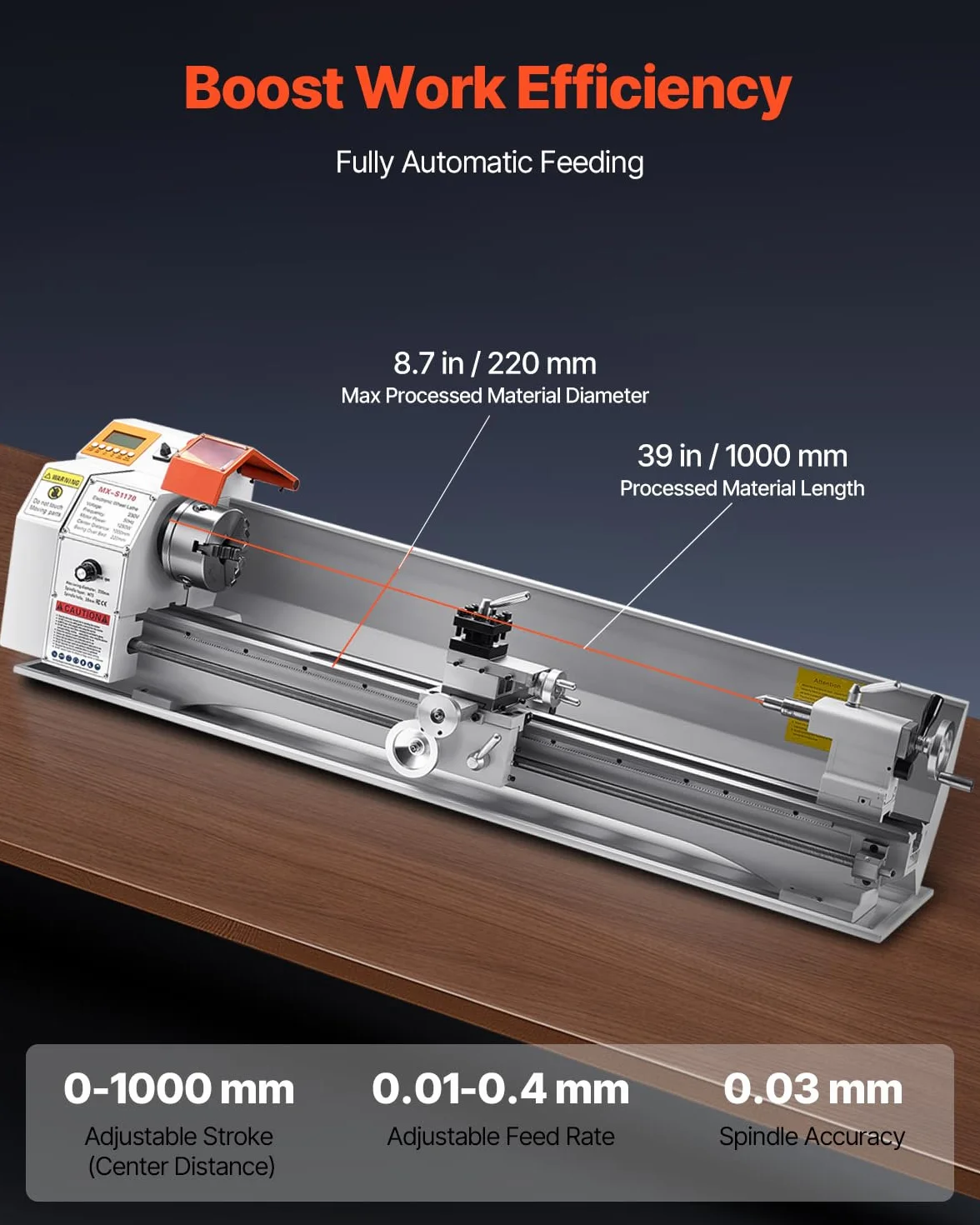 VEVOR Tornio per Metalli Legno, 220 x 1000 mm, Tornio di Precisione da Banco per Metalli, Avanzamento Automatico, Variabile Velocità 2500 Giri al Minuto, Motore Senza Spazzole 1250 W