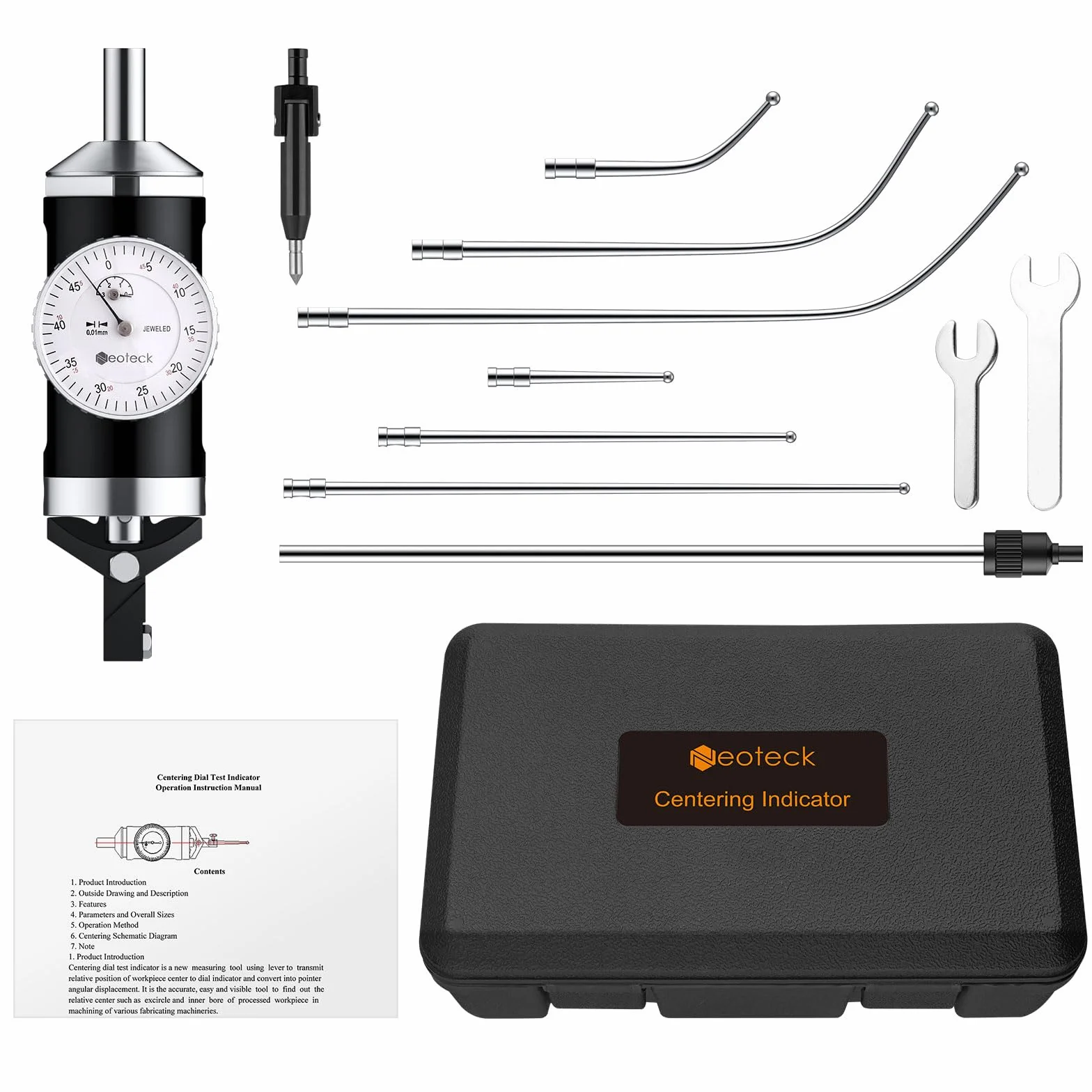 Neoteck Indicatore Coassiale di Centraggio 0-3mm, Precisione 0.01mm Prova del Quadrante di Centraggio Battitore di Centro per Fresatrice e Tornio - Set Completo con Aste, Puntali e Custodia Rigida