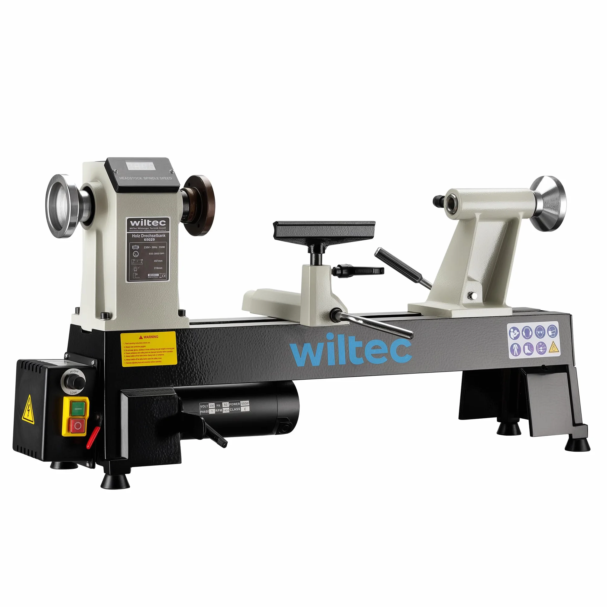 Wiltec Tornio per legno, 3 variazioni di velocità 50-1450, 1250-2800 e 2800–3800 rpm, Macchina da banco per tornitura