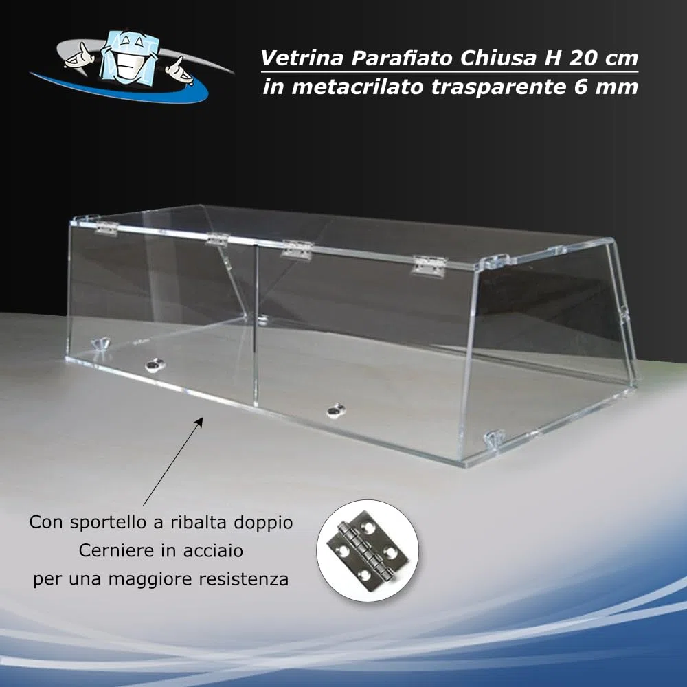 Vetrina da banco in plexiglass trasparente per alimenti H 20 cm aperta o chiusa su 3 lati disponibile con o senza sportello