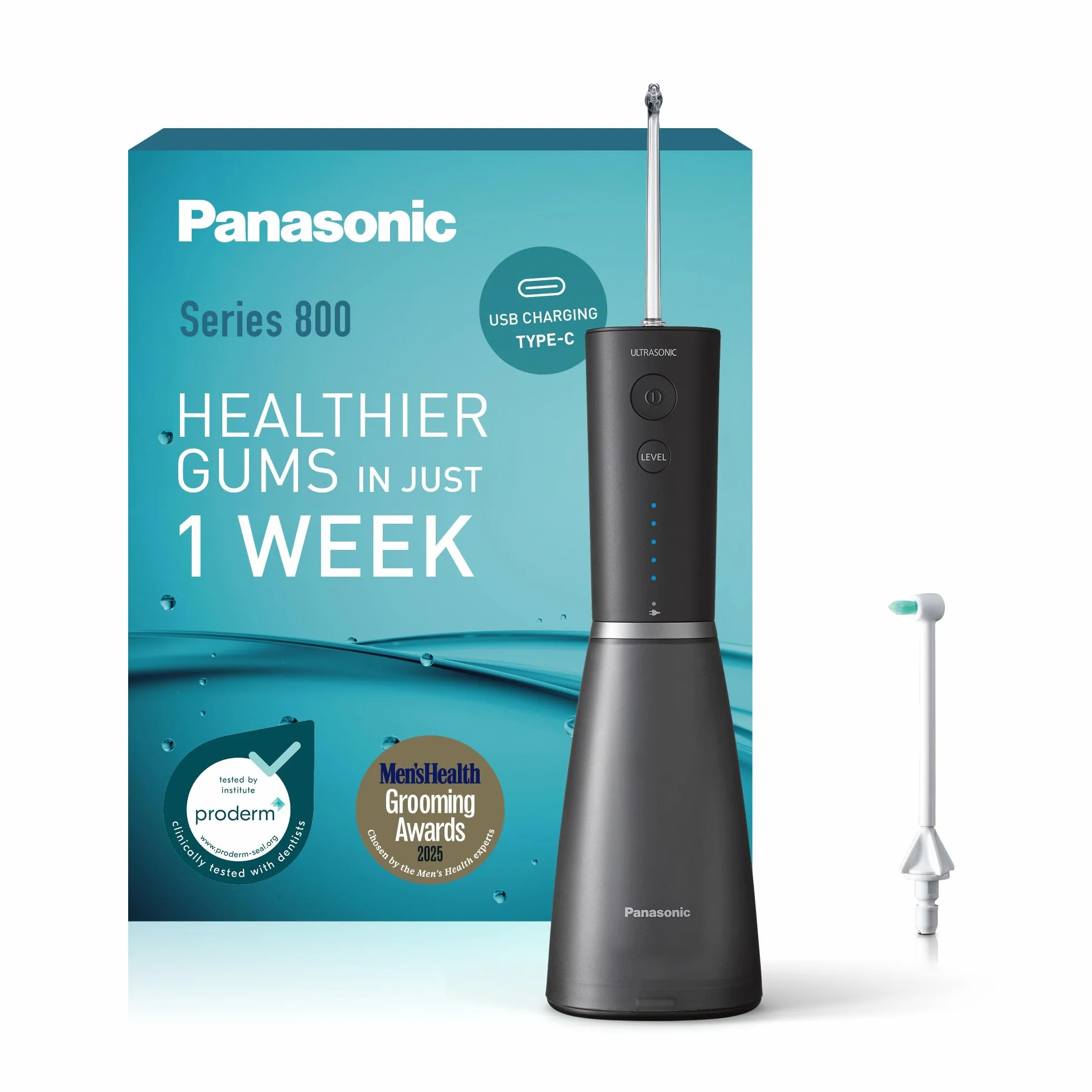 Panasonic Serie 800 Irrigatore Orale a Ultrasuoni EW-DJ86-K503, Idropulsore dentale, 200ml, 1 Ugello a Ultrasuoni e 1 Ugello Ortodontico, 5 Impostazioni di Pressione, Accessorio da Viaggio, Nero
