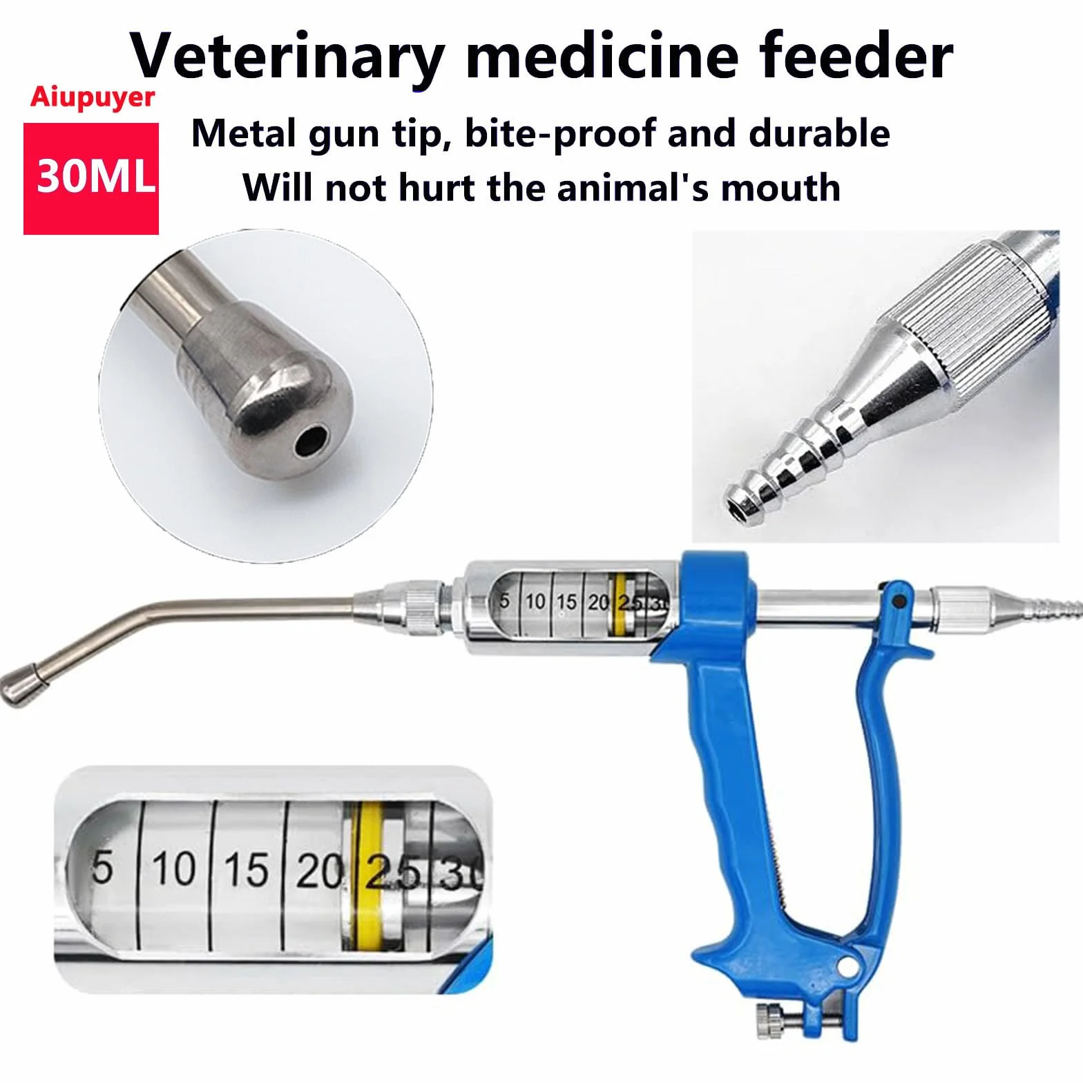 Pistola di Alimentazione Veterinaria Regolabile in Metallo 30 ML per Suini, Mucche, Pecore, Cavalli
