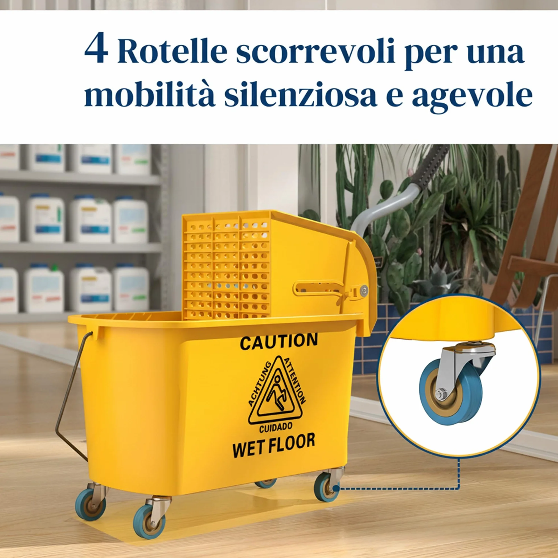 HOMCOM Carrello Pulizie 20L con Mocio e Secchio Lavapavimenti, Strizzatore Plastica, 4 Ruote, Giallo