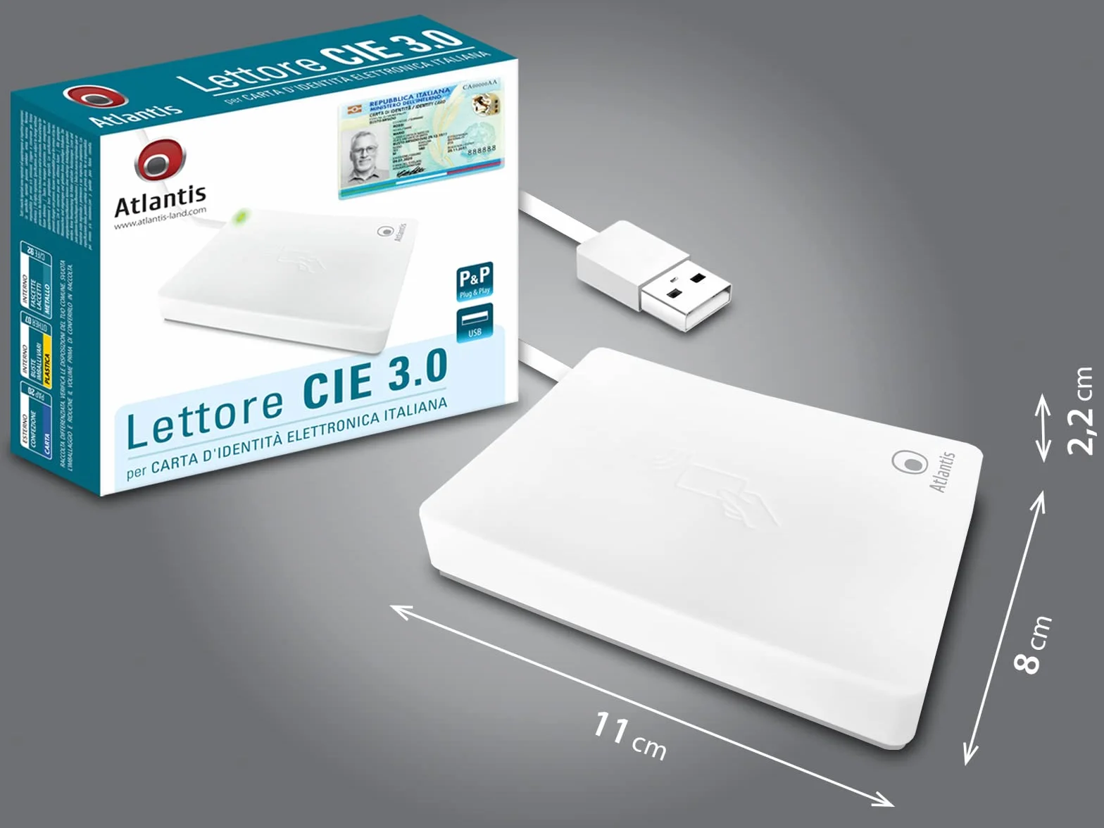 ATLANTIS lettore cie 3.0 carta d'identità elettronica italiana,per INPS,Ag. delle entrate, INAIL,Fascicolo sanitario,ANPR Lettore smartcard contactless nfc per PC, collegamento USB,Bianco,P005-CIED311