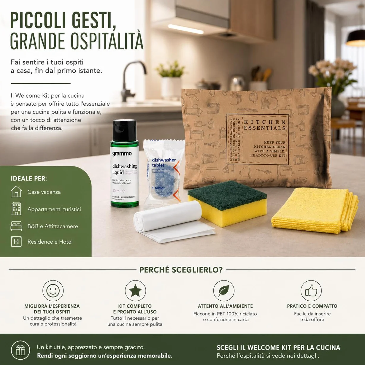 AURA LUXURY COLLECTION Welcome Kit Cortesia Cucina – Set Benvenuto per Ospiti con Detergente Piatti, Pastiglia Lavastoviglie, Spugna, Panno e Sacchetto Rifiuti – Ideale per Case Vacanza e B&B (20)