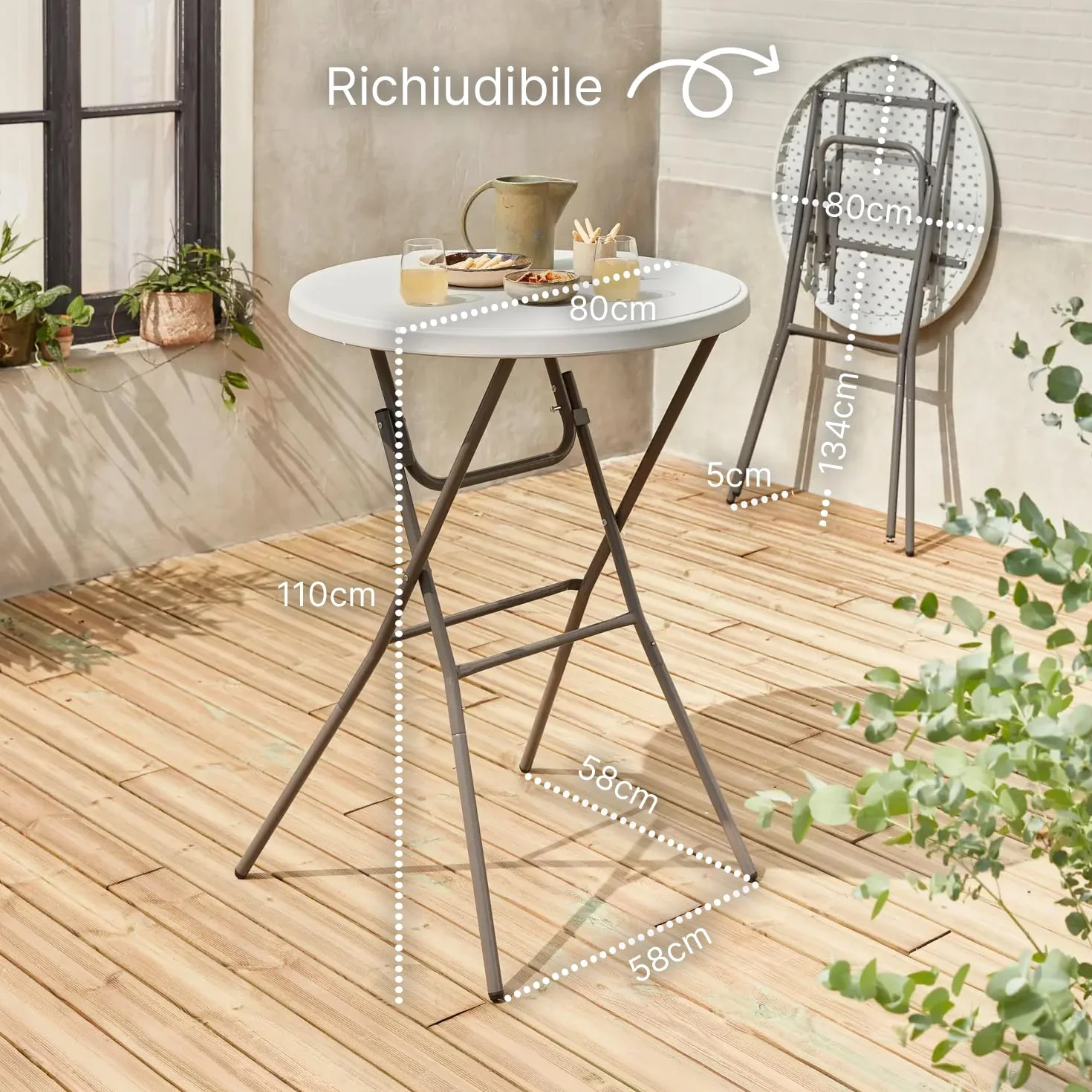 Avilia – Tavolo Pieghevole Rotondo Bianco Ø80 cm Ripiano in Resina e Struttura in Acciaio Richiudibile per Interno ed Esterno, Design Moderno, Facile da Usare e Salvaspazio