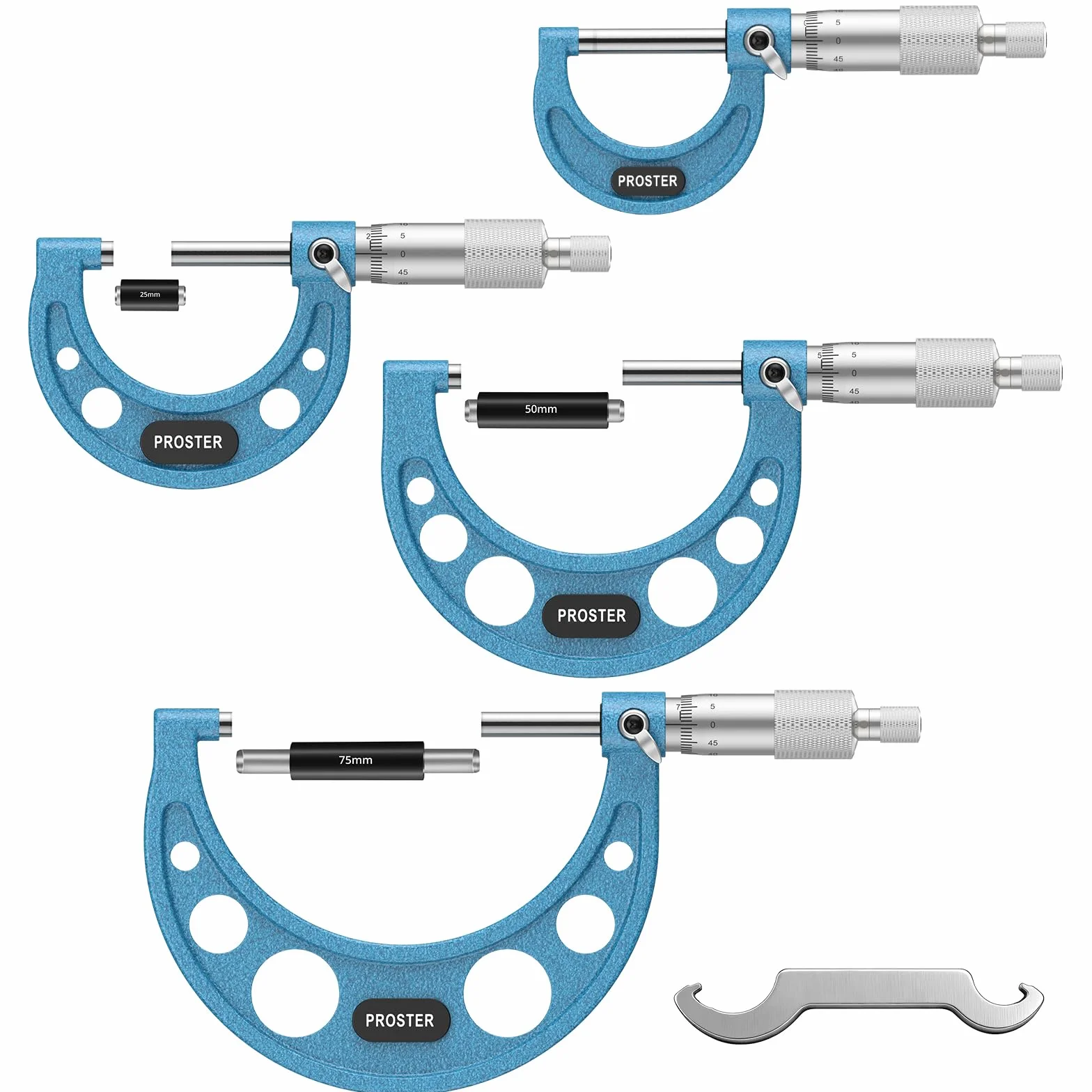 Proster Set di 4 Micrometri Esterni 0-100mm con Ghiera a Cricchetto, Incudini in Carburo, Custodia