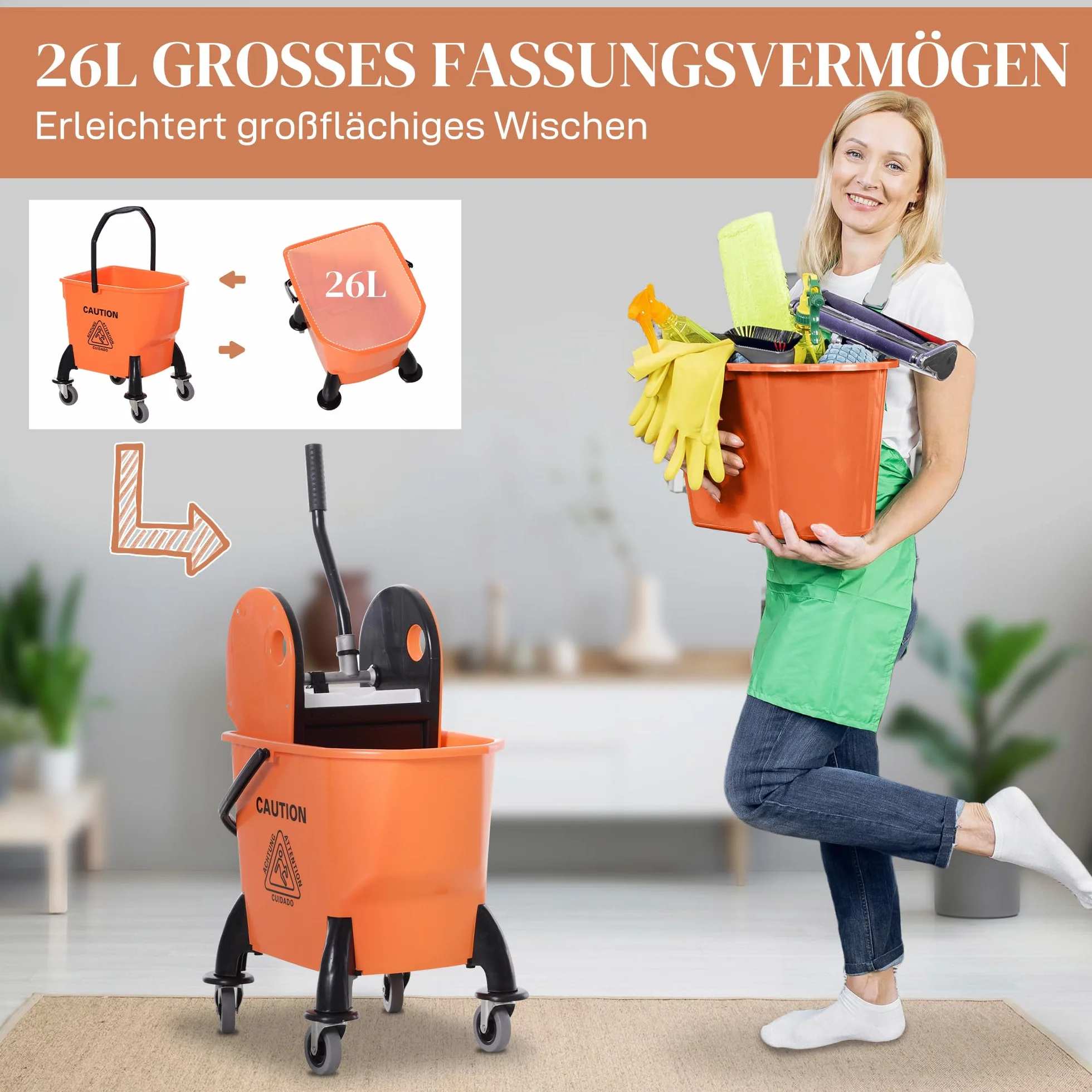 HOMCOM Carrello Pulizie Professionale 26L Strizzatore Rimovibile Ruote 44x36x90cm Arancione