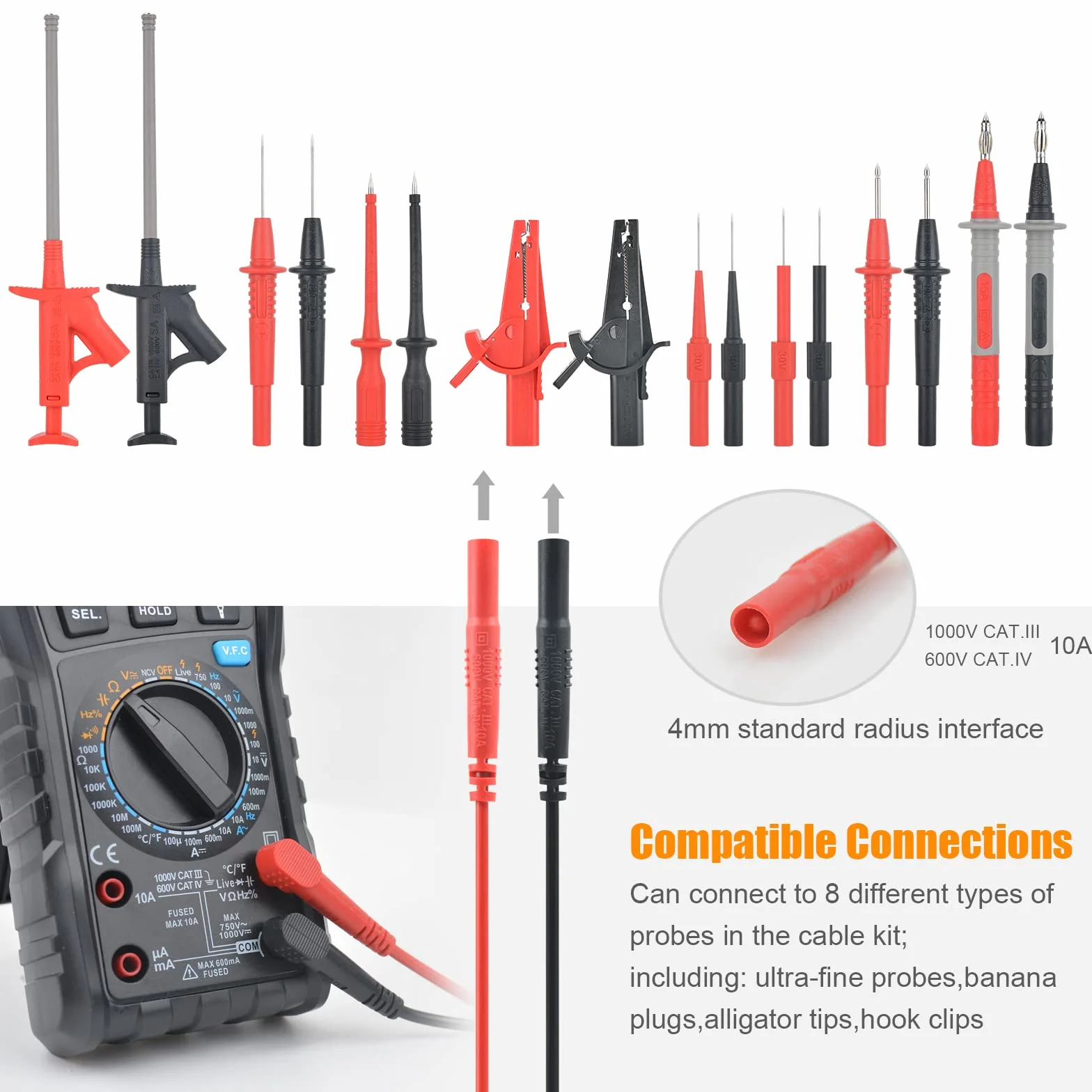 Cavi di Misura Multimetro MESTEK Cavi di Prova Puntali Tester Test Leads Kit Prolunga di Prova Pinze a Coccodrillo Clip e Mini-gancio Spina Banana Sonda per Digitale Multimetri Accessori 21 Pezzi