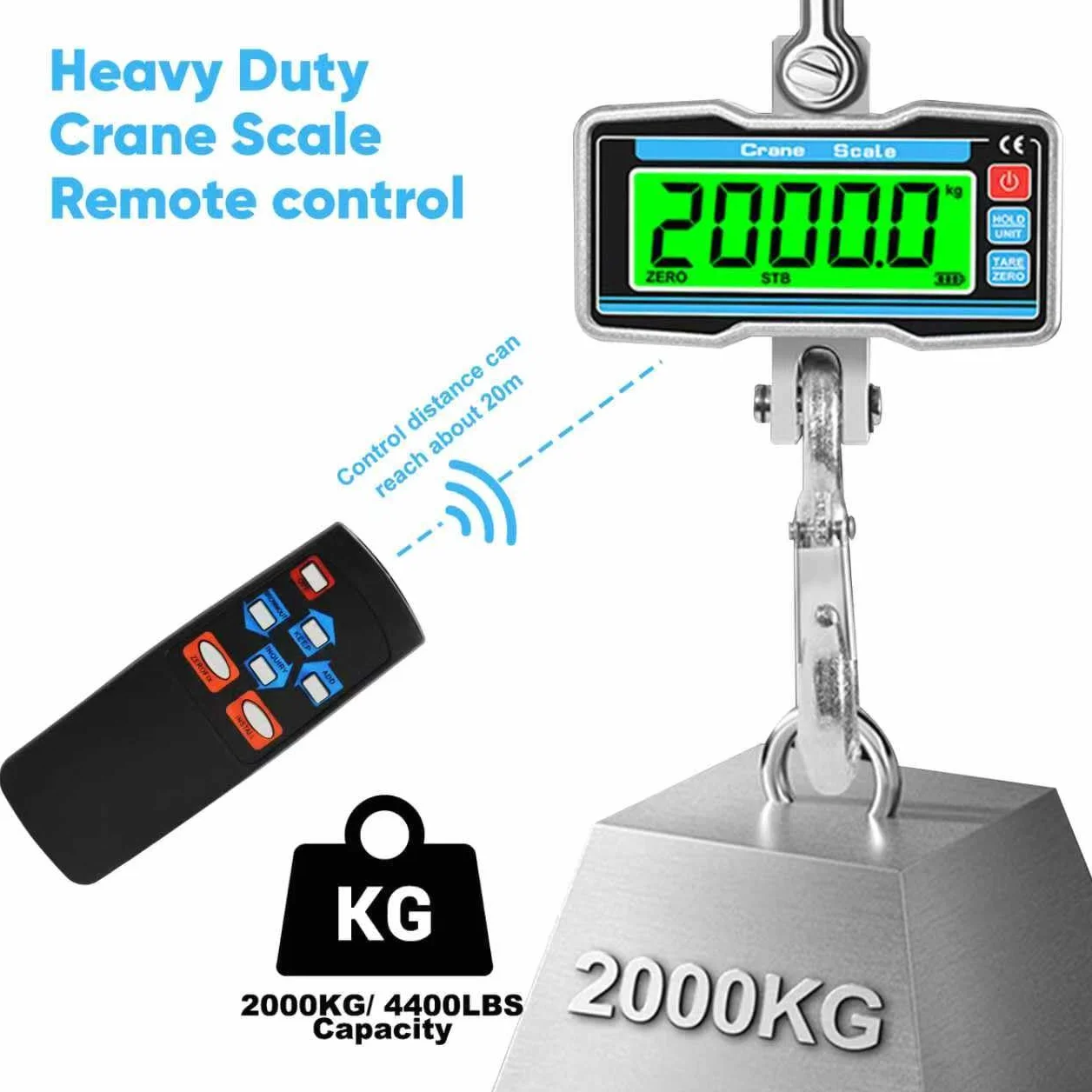 Bilancia da gru digitale 2000 kg elettronica sospesa industriale con sensore preciso telecomando LCD portatile gancio
