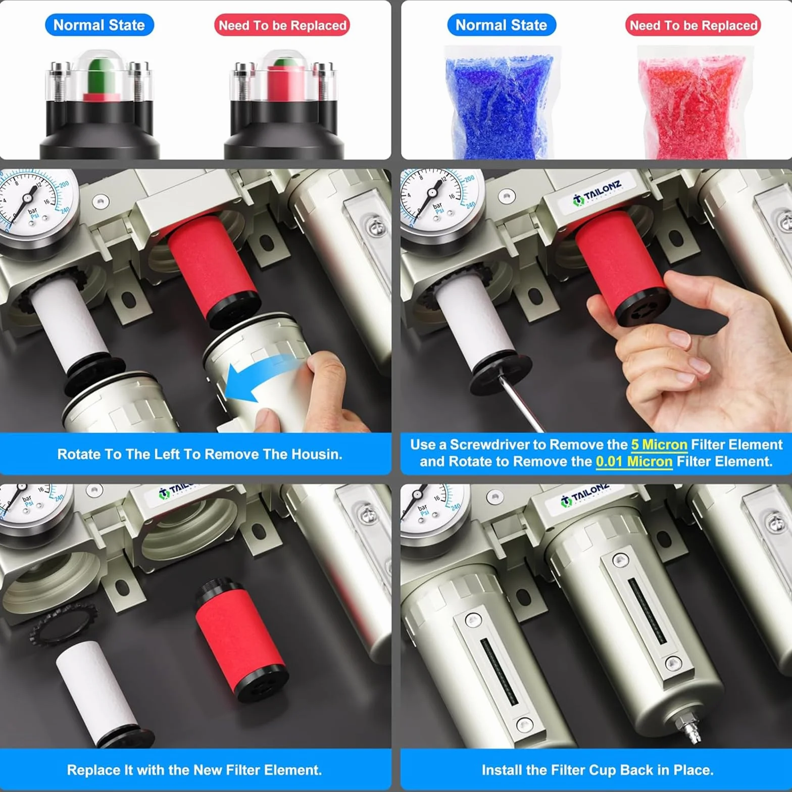 TAILONZ PNEUMATIC 0-1,6MPA 1/2-inch BSP Filtro terziario per particolato di grado industriale, filtro a coalescenza, essiccatore e regolatore d'aria (manuale).