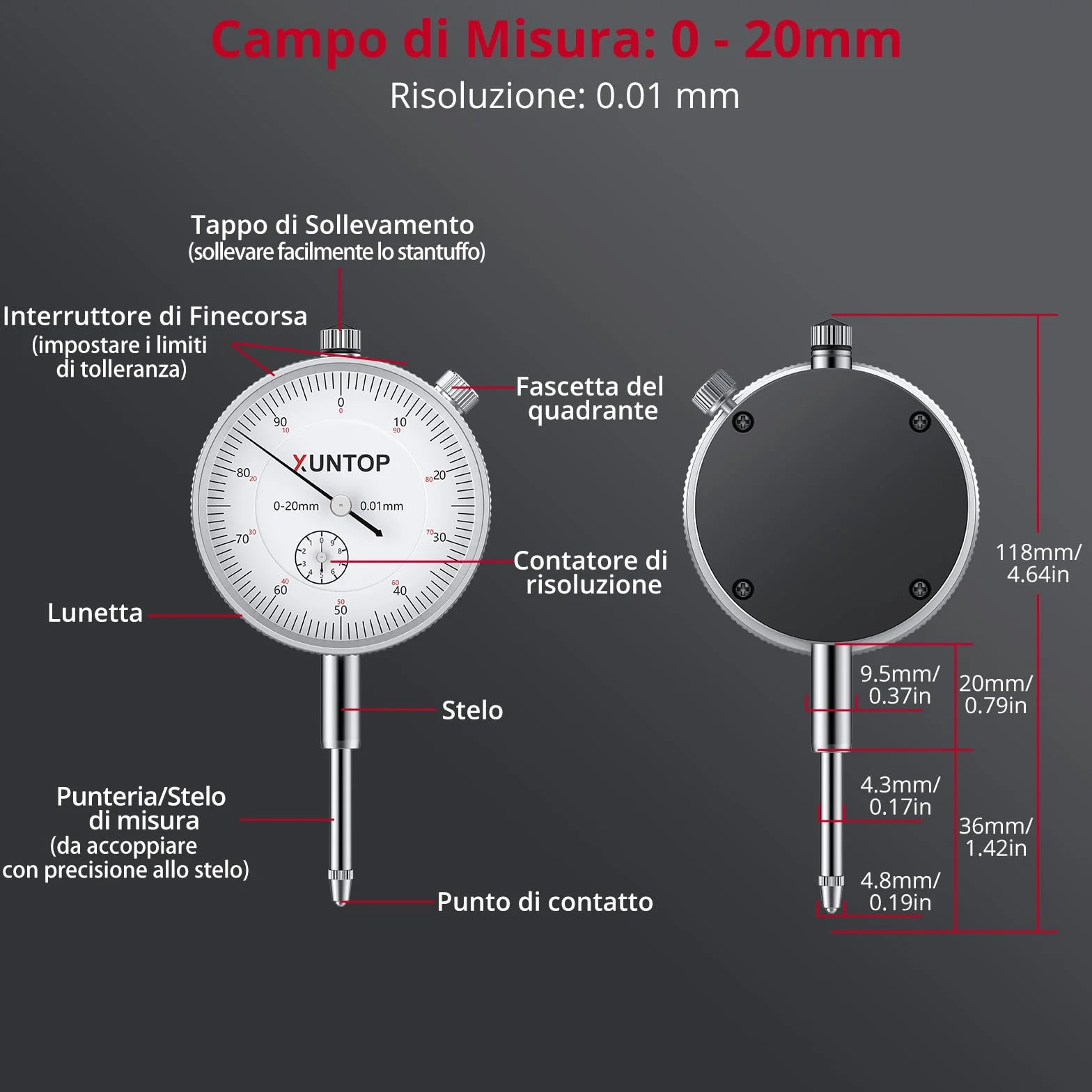 XUNTOP Comparatore Centesimale Meccanico 0-20mm + Base Magnetica Multidirezionale 60KG Misurazione Precisione 0.01mm Set Professionale con Comparatore Test DTI per Tornio, Stampante 3D, CNC, Auto