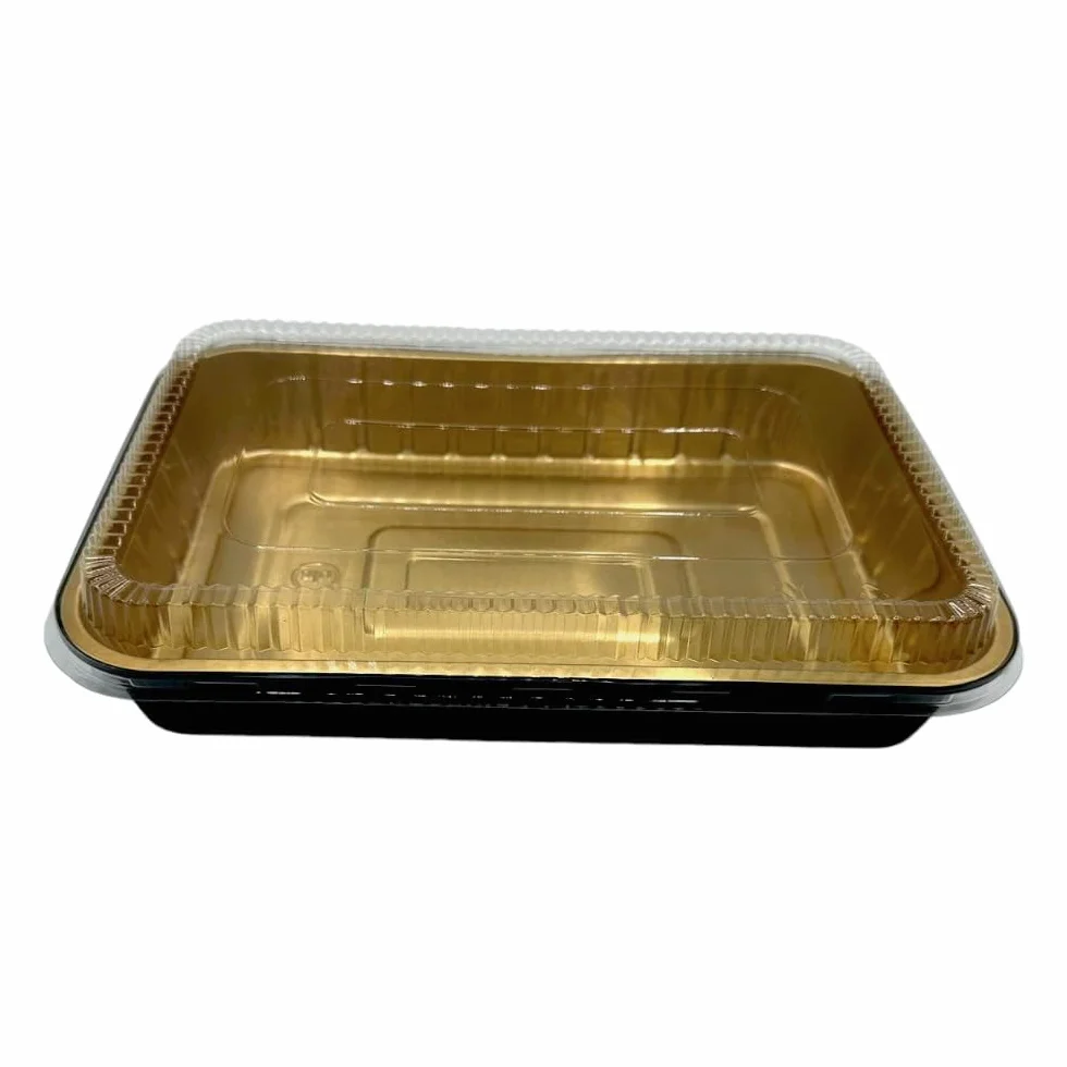 Contenitori Premium in alluminio laccati gold e black con coperchio in pet trasparente 50 pezzi (2040cc)