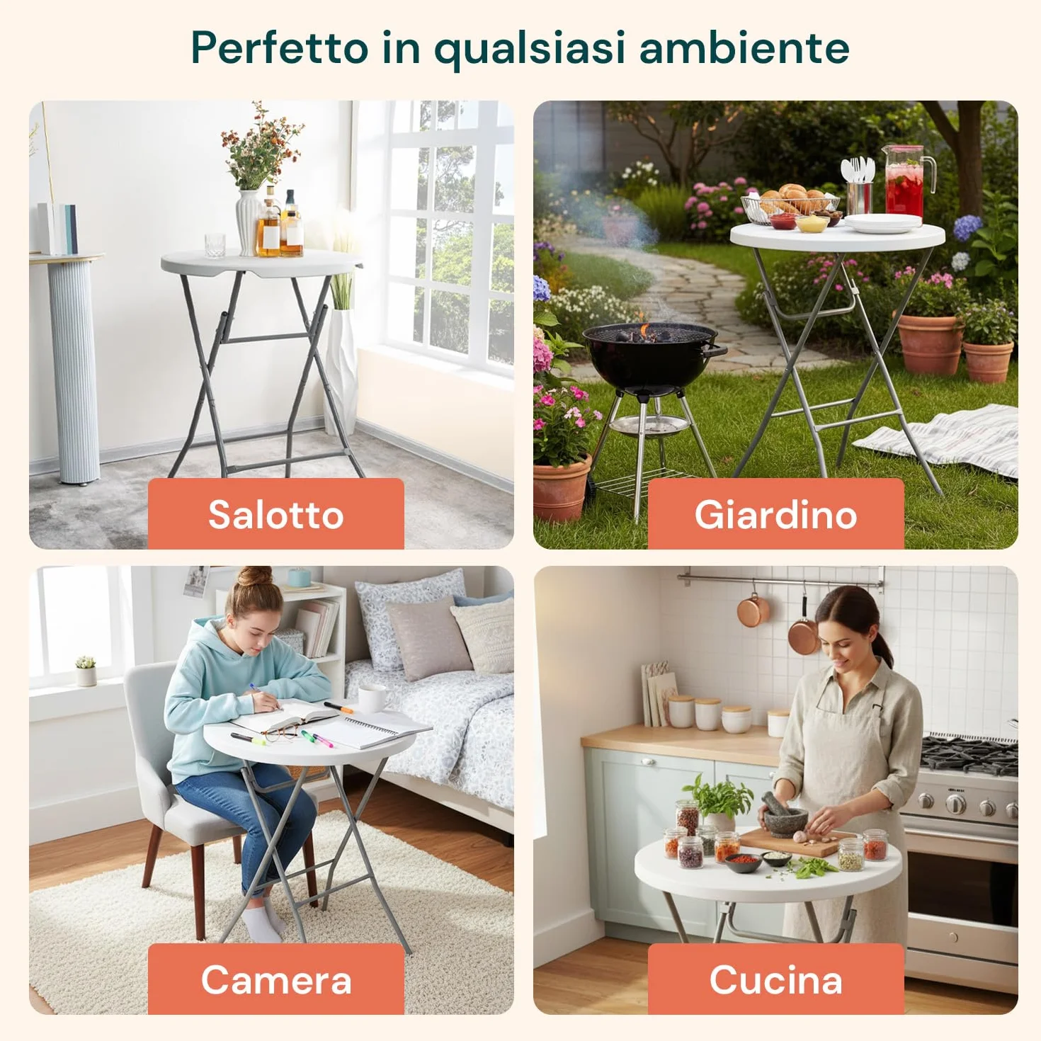 Avilia – Tavolo Pieghevole Rotondo Bianco Ø80 cm Ripiano in Resina e Struttura in Acciaio Richiudibile per Interno ed Esterno, Design Moderno, Facile da Usare e Salvaspazio