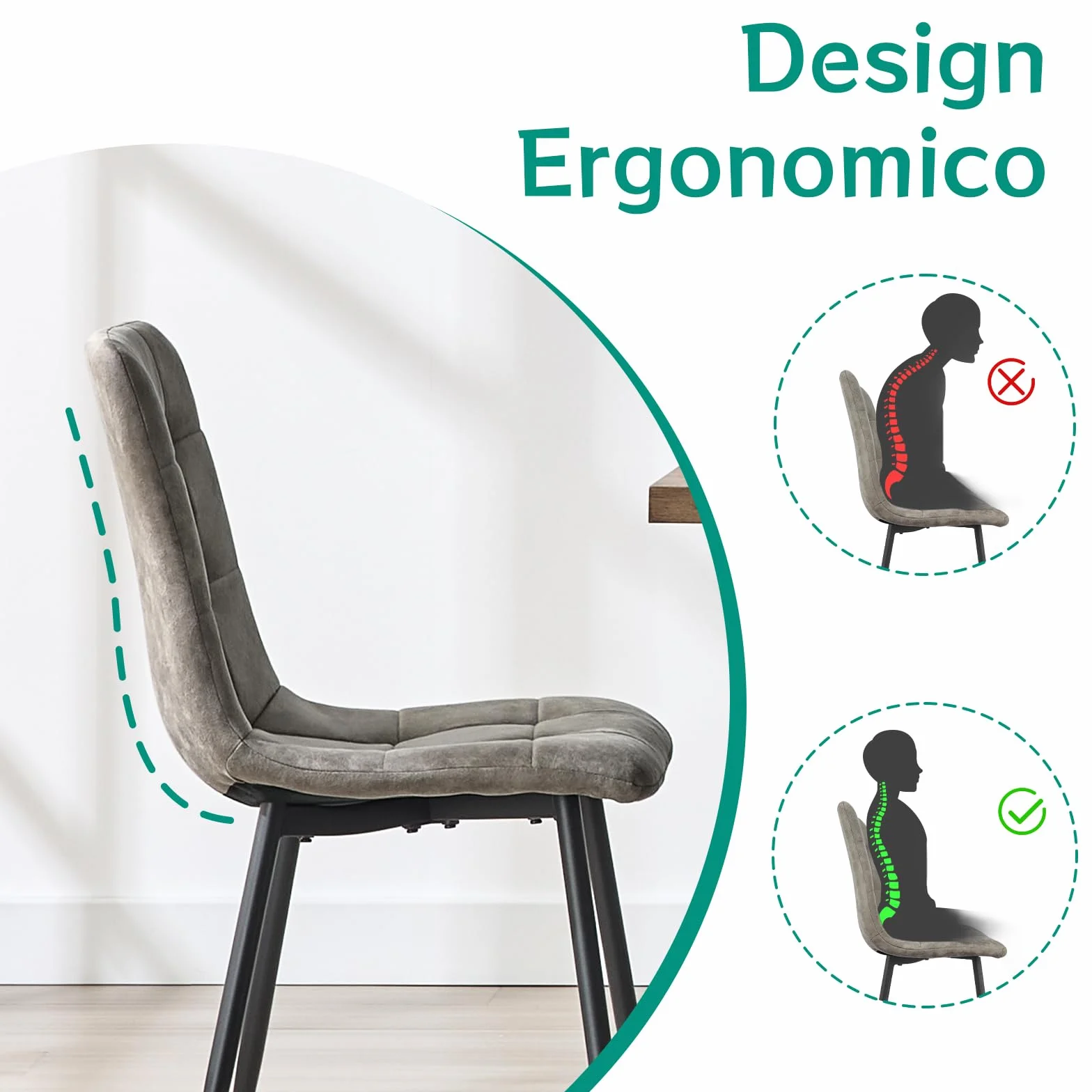 JIJIAN Set di 6 Sedie Sala da Pranzo in Tessuto Tecnologico, Gambe in Metallo Nero, Cachi