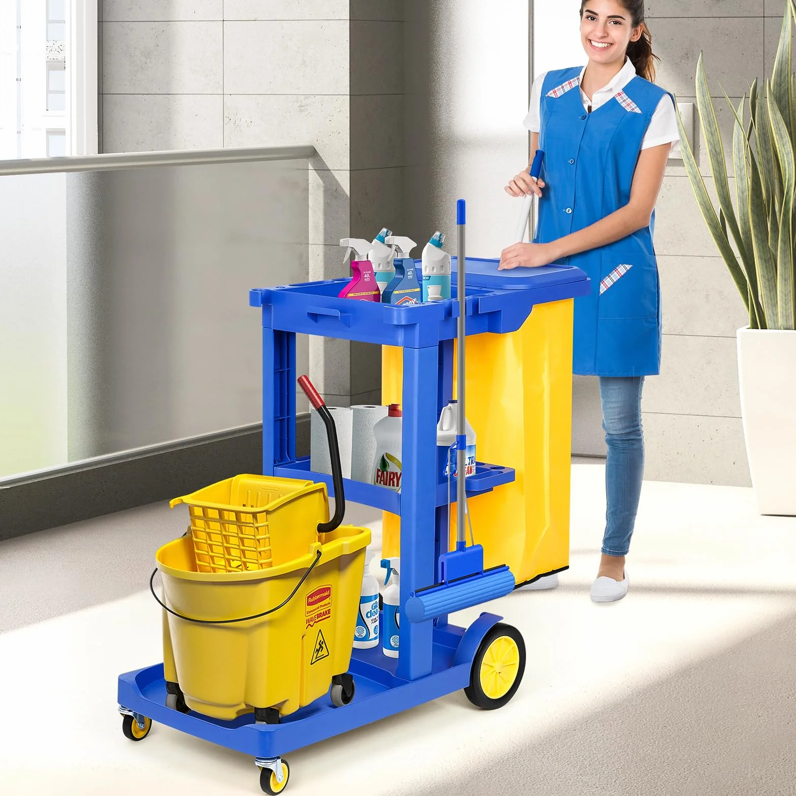 bimiti Carrello per la pulizia 65 l 83 x 46 x 90 cm 3 livelli 4 ruote