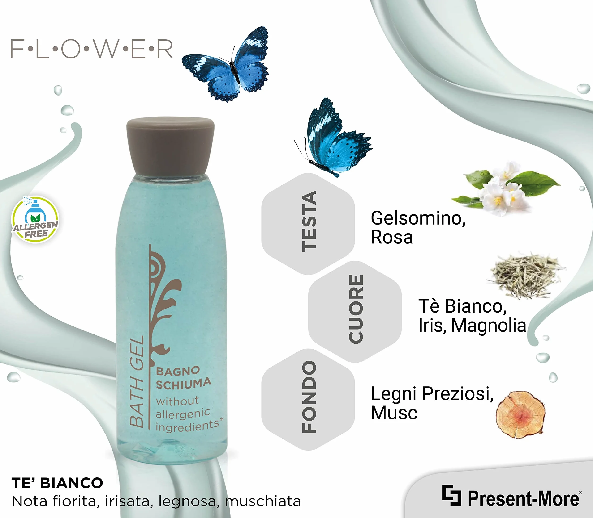 PRESENT-MORE - Bagno Schiuma 30ml Flower - Confezione da 250 Pezzi - Bagnoschiuma Monodose Senza Allergeni - Fragranza Tè Verde - Ideale per Hotel e B&B
