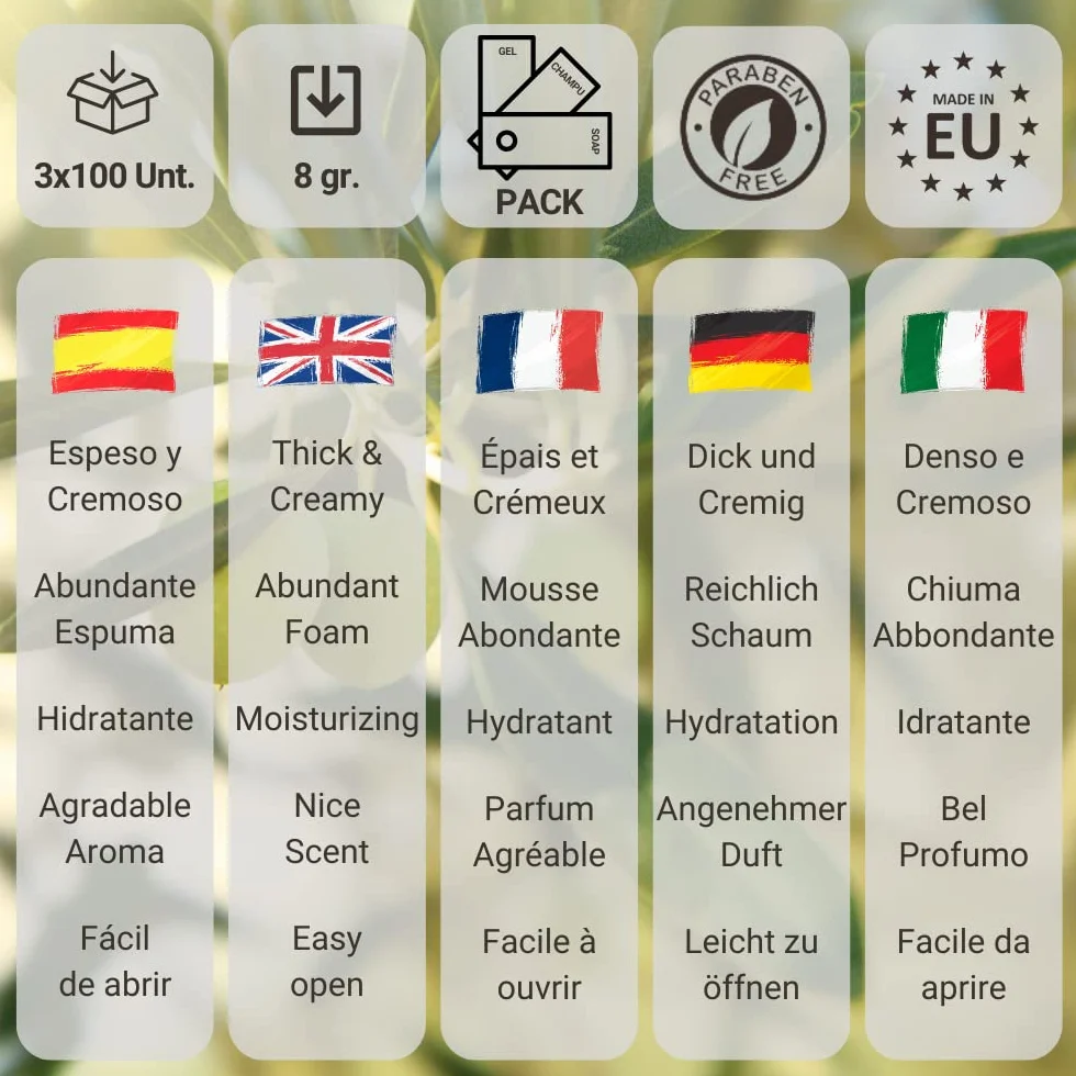GPQ - Confezione OLIVE Amenities Hotel | Kit gel doccia + shampoo + saponetta | 100 pezzi x 3 Prodotti | Senza Parabeni | Appartamento, B&B, Casa Rurale, Viaggio, Ospiti | Prodotto nell'UE