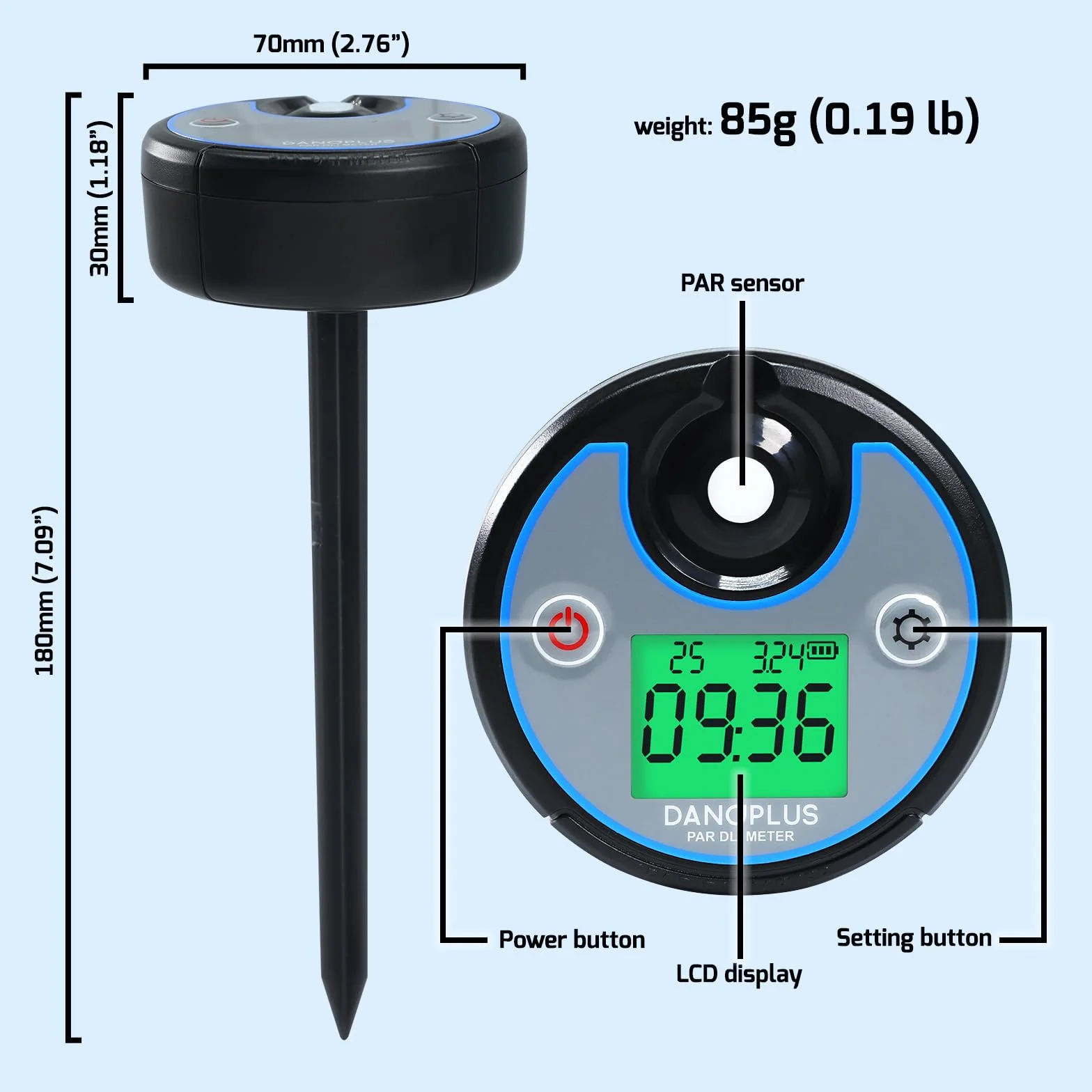 PAR Meter 2 in 1 DLI Meter con registrazione dati 400-700 nm PPFD Misuratore di luce solare