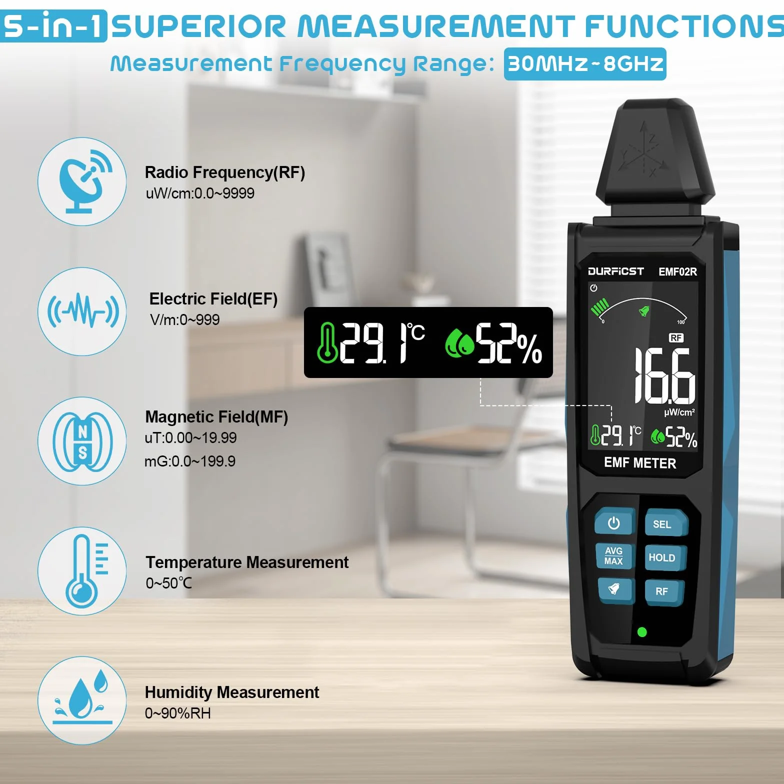 Misuratore EMF, DURFICST 5 in 1 Rilevatore di radiazioni elettromagnetiche digitali ricaricabili per segnali EF, RF, MF e WiFi, adatto per 5G, torri cellulari, contatori intelligenti, WiFi, Bluetooth