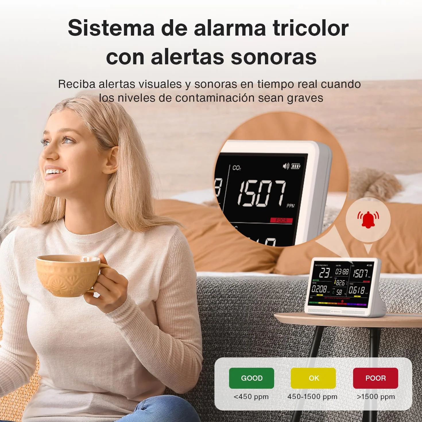 Monitor Qualità dell'Aria Indoor 16-in-1 bonoch Display 7" CO2 TVOC PM2.5 PM1.0 PM10 HCHO Temperatura Umidità AQI