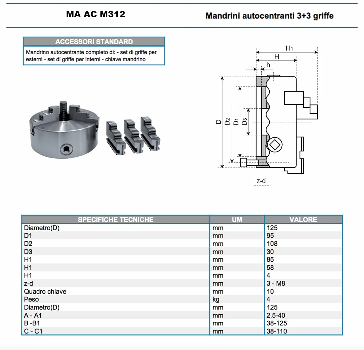 Mandrino per Tornio 125mm Autocentrante a 3+3 Griffe - MA AC M312 -ENG pro