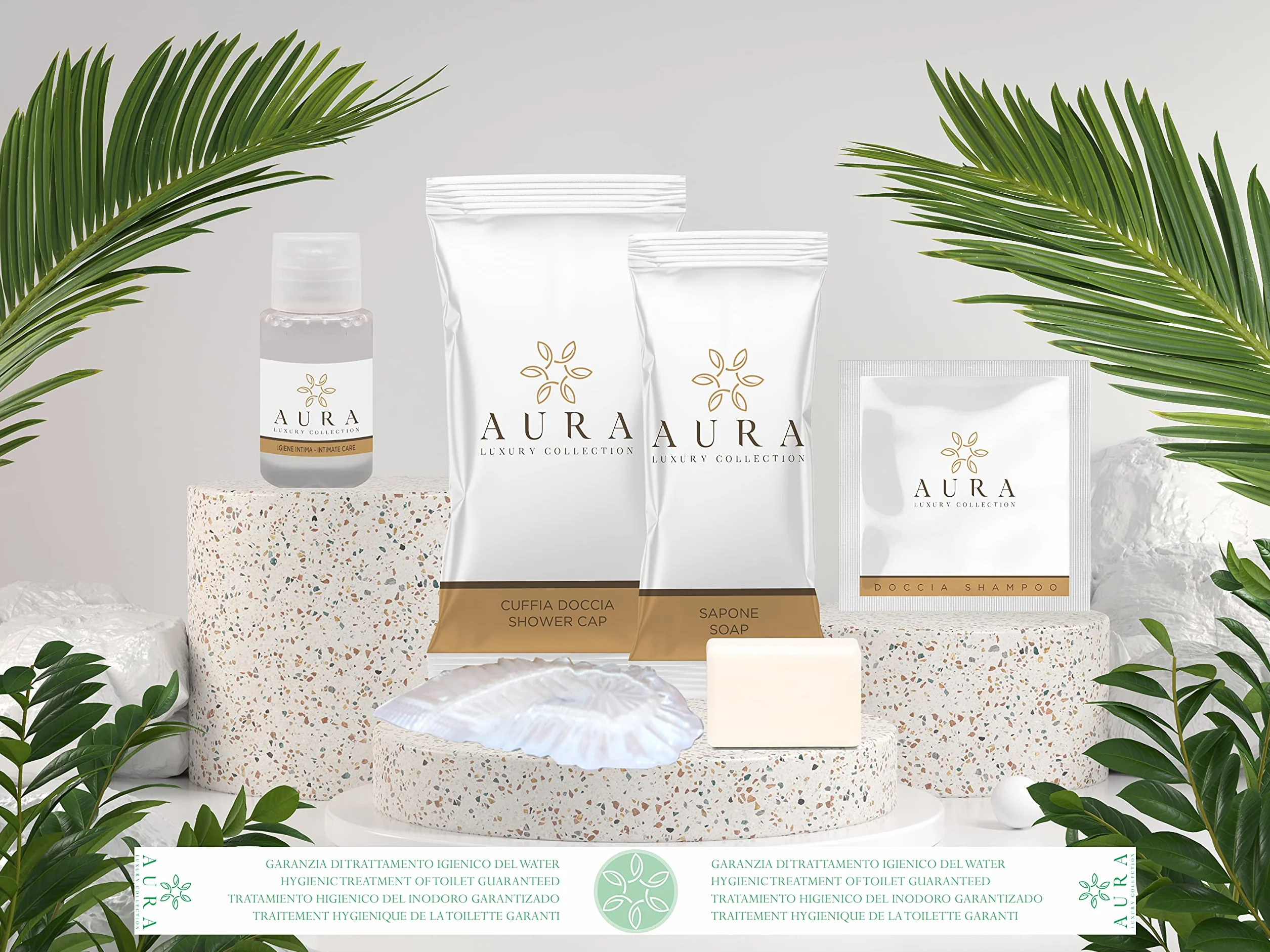 Aura Luxury Collection Kit cortesia bagno 295 pezzi: bustine doccia shampoo 10 ml, flaconi igiene intima 20 ml, cuffie monouso, saponette 9 gr