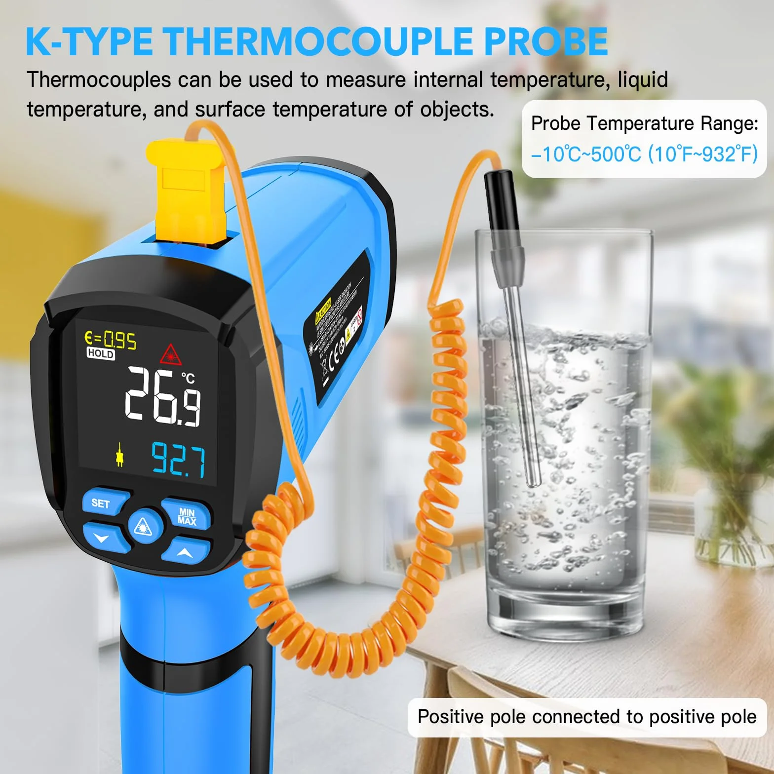MESTEK Termometro a Infrarossi -40°C~1600°C Digitale Laser Pirometro con K-Probe D:S-50:1