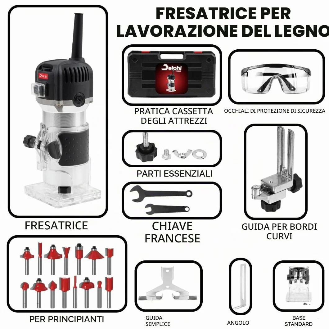 DELPHI Fresatrice Verticale Per Legno 800W 330000 R/MIN Con 15 pezzi Mandrino 6.35mm - Legno Rifilatrice Elettrica Router Legno Elettrica Rifilatrice Per Legno Con Custodia 25 Accessori SET