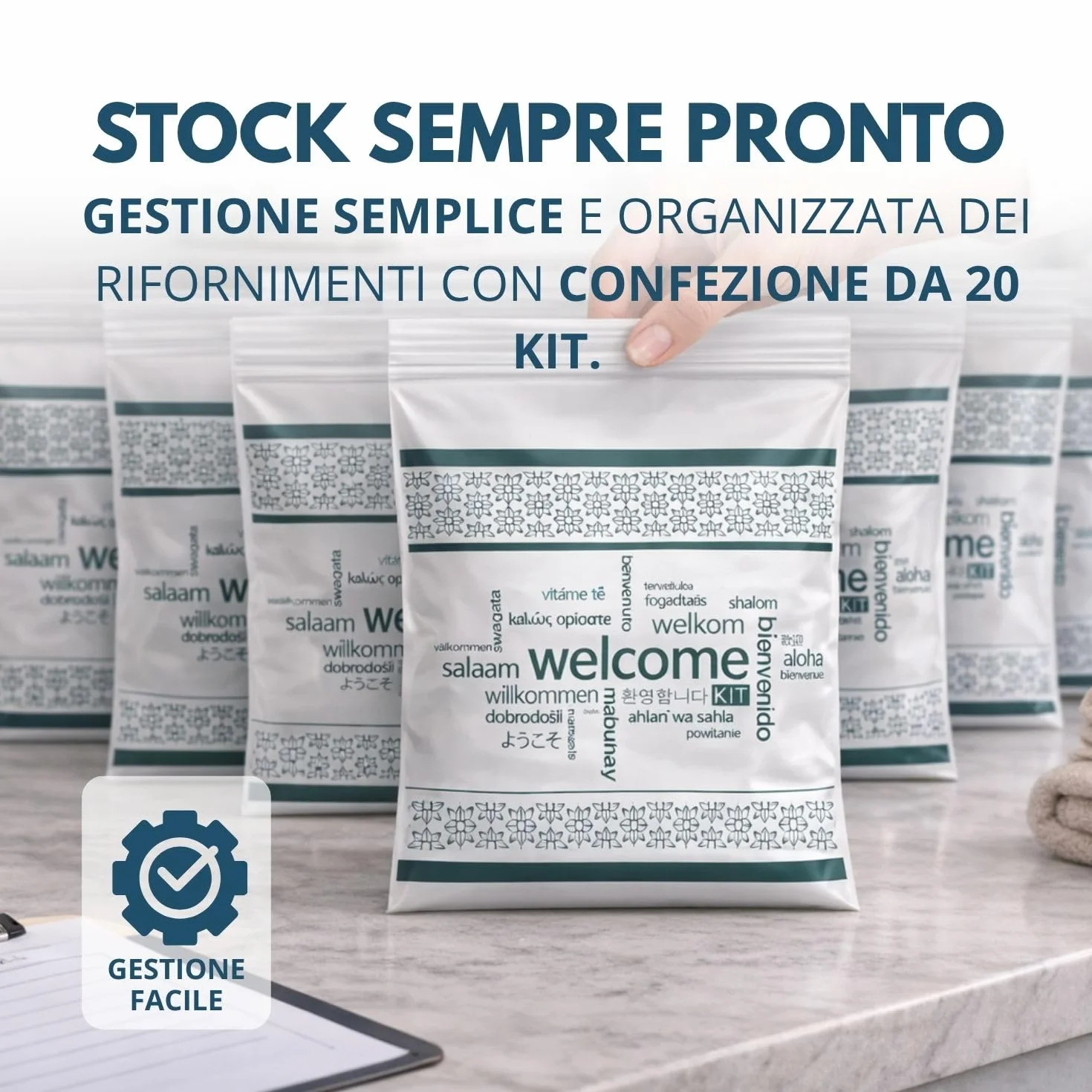 Kit cortesia Residence 015B, set pulizia cucina 4 pezzi per appartamenti, campeggi e B&B - (Cartone da 20 kit)