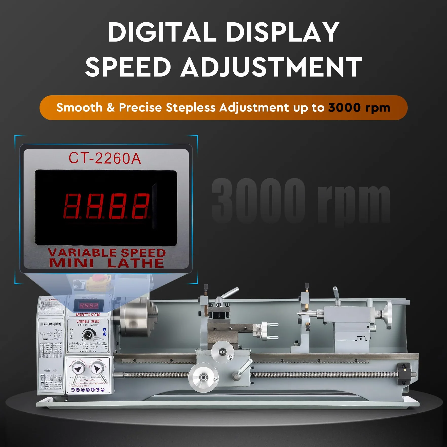 Orion Motor Tech Tornio per Metallo 1100W | Dimensioni 220 x 600 MM | Velocità Variabile 0-3000 rpm | Mandrino a 3 Griffe | Display LCD | Ideale per Tornitura, Filettatura e Foratura