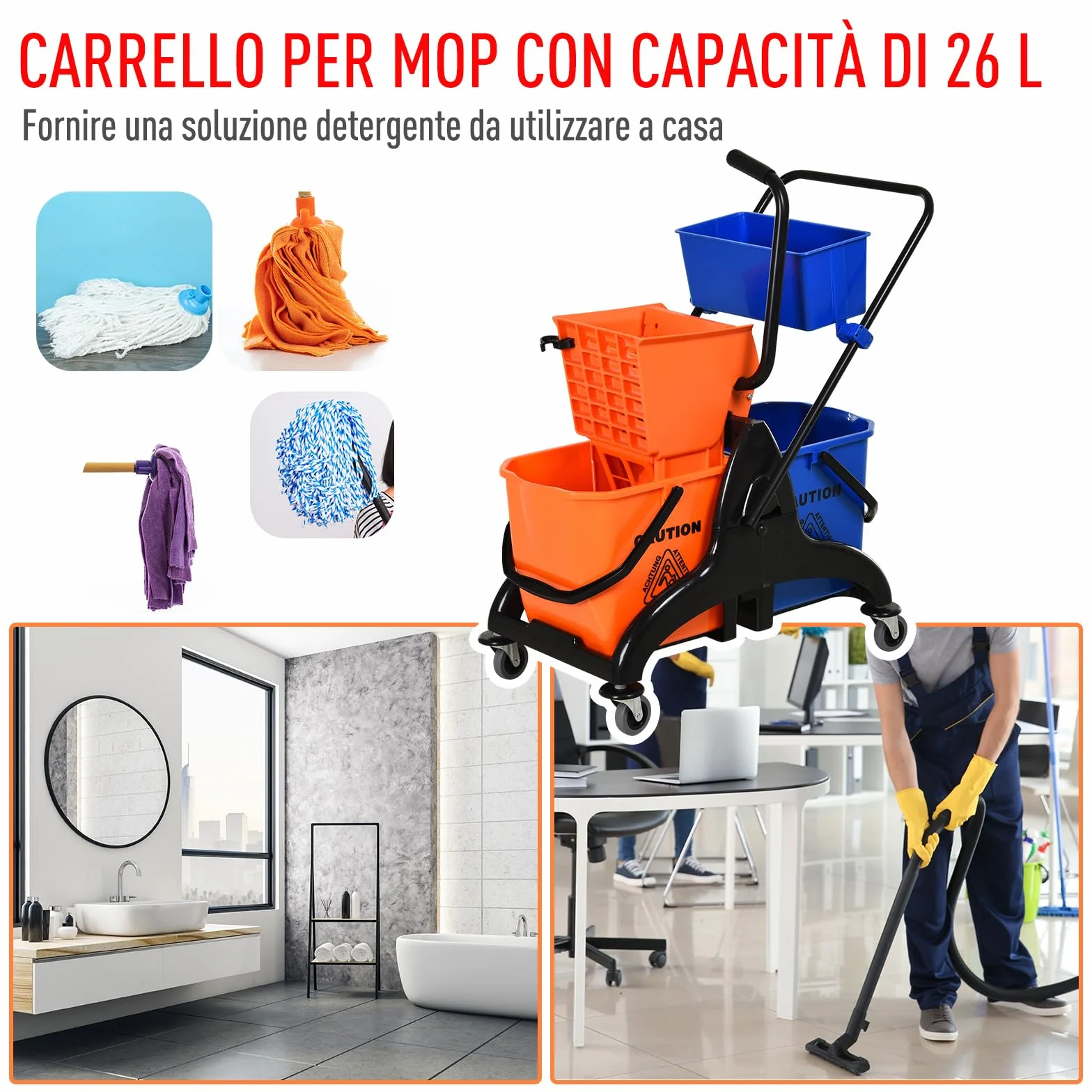 HOMCOM Carrello Pulizie Professionali 2 Secchi Lavapavimenti 26L Strizzatore 4 Ruote 78x45x95 cm Arancione Blu