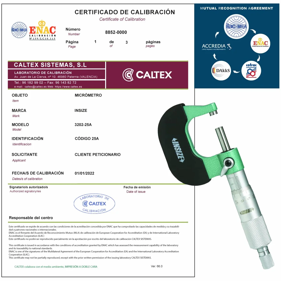 INSIZE 3202-25A Micrometro tarato con Certificato di Taratura Acreditato LAT