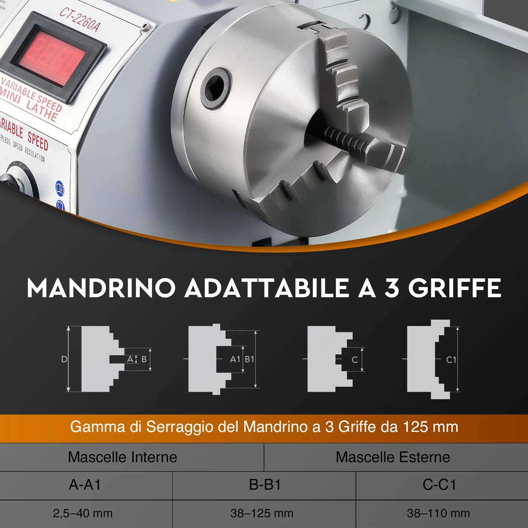 CREWORKS 1100W Tornio per Metallo 220 x 600 MM a Velocità Variabile 0-3000rpm con Mandrino a 3 Griffe e Display LCD per Filettatura, Tornitura, Foratura, Lucidatura