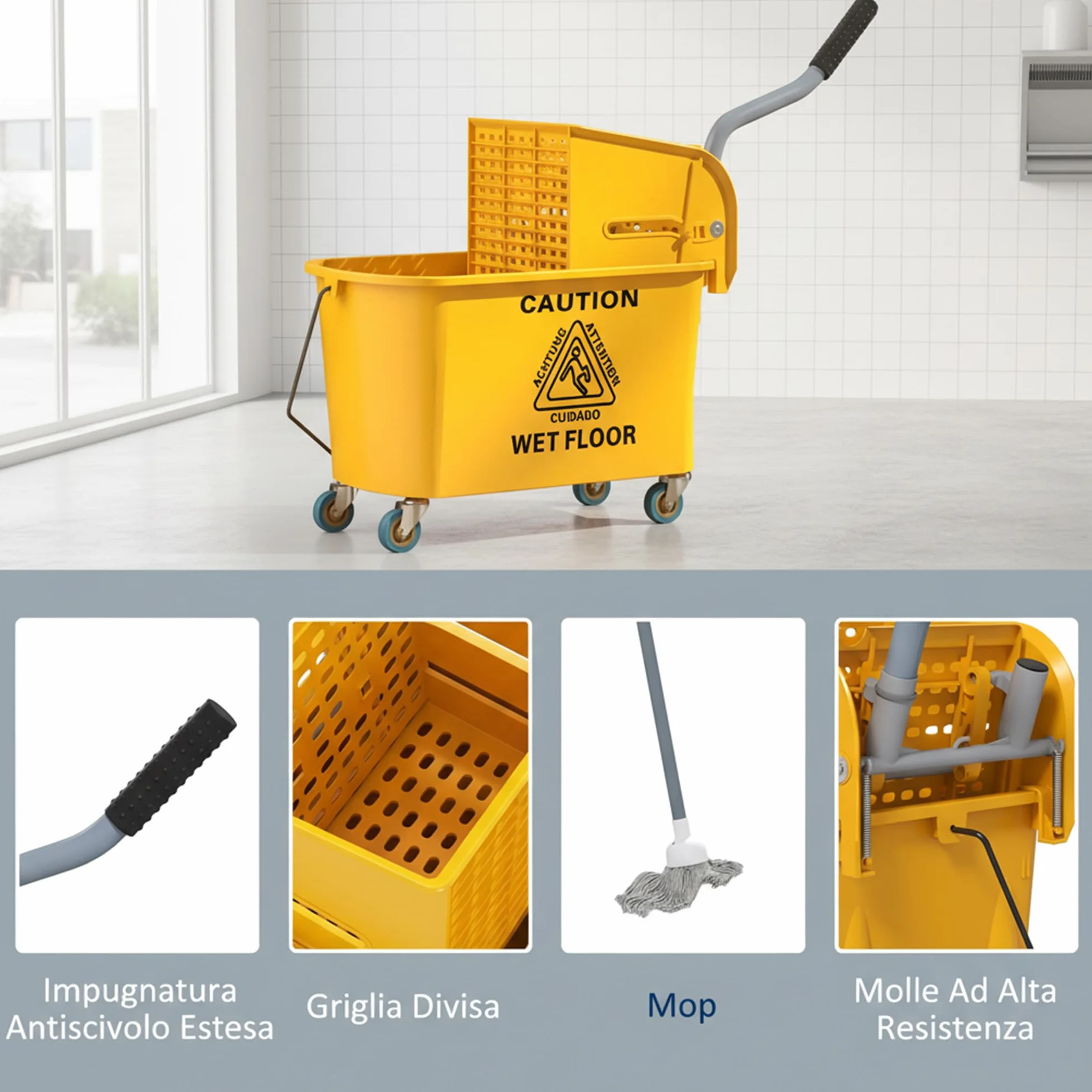 HOMCOM Carrello Pulizie 20L con Mocio e Secchio Lavapavimenti, Strizzatore Plastica, 4 Ruote, Giallo